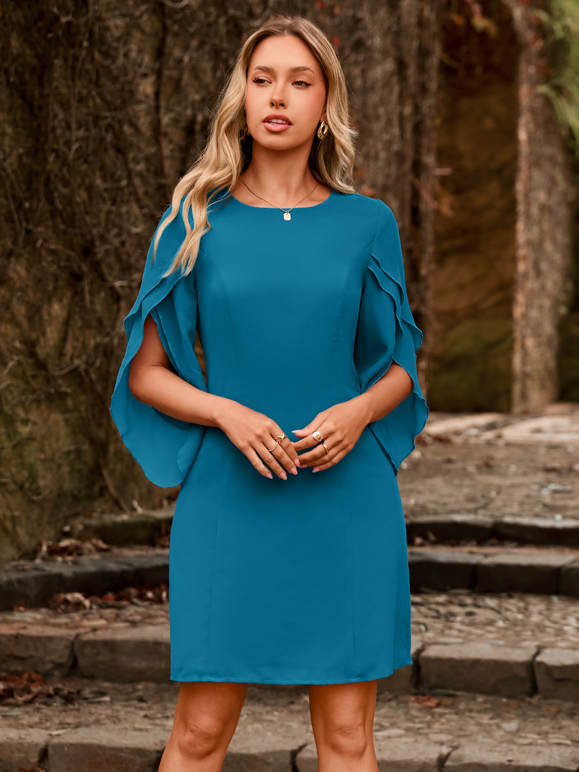 Fultter Sleeve Chiffon Cocktail Dress for Weddings - Blue Green