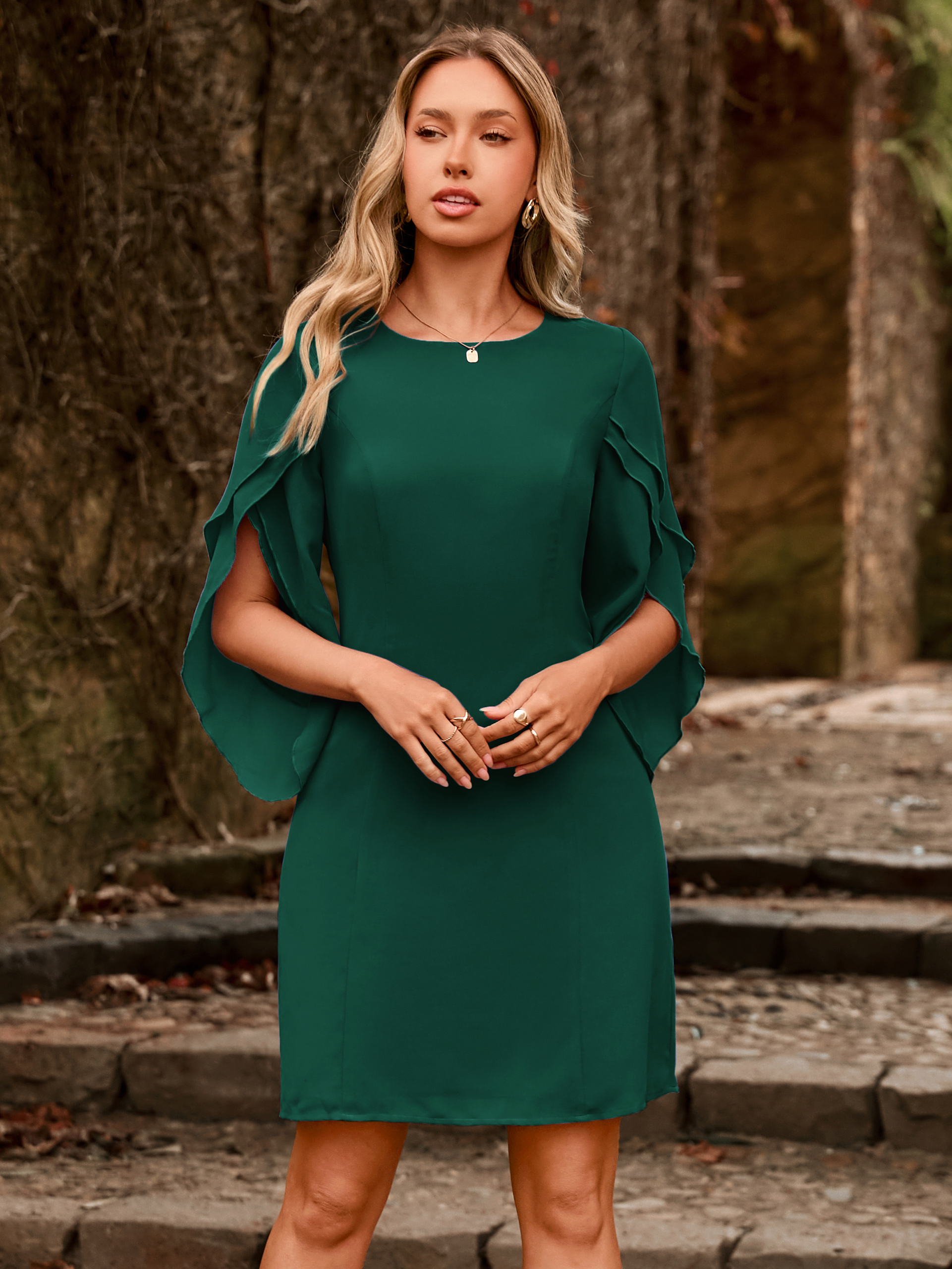 Fultter Sleeve Chiffon Cocktail Dress for Weddings - Emerald Green