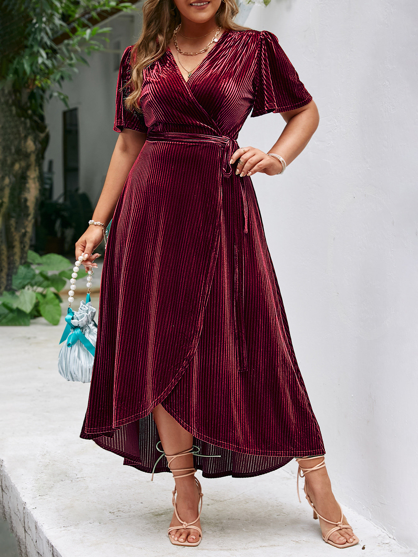 Plus Size Velvet V Neck Short Sleeve Wrap Maxi Dress - Burgundy