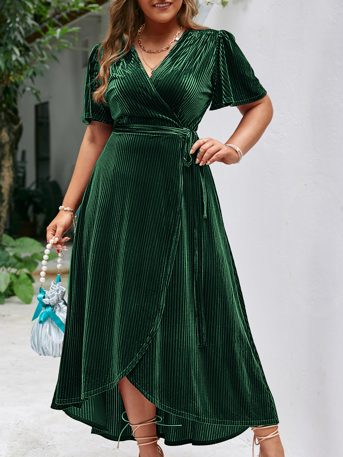 Plus Size Velvet V Neck Short Sleeve Wrap Maxi Dress - Dark Green