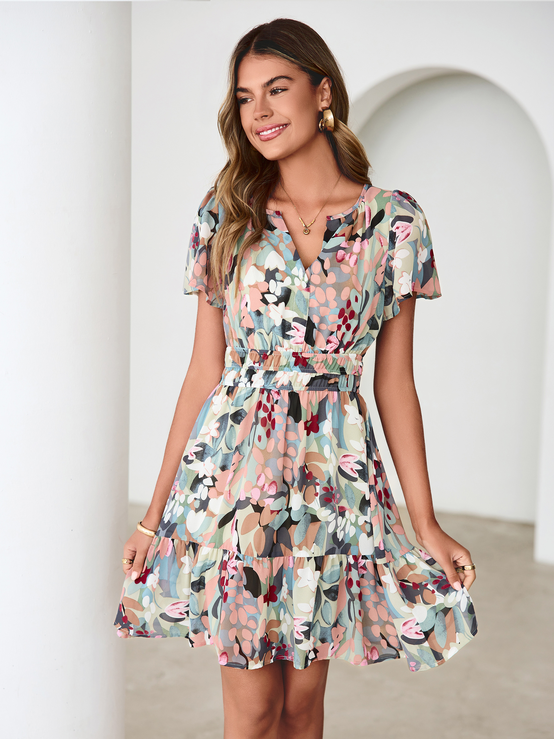 Floral V-Neck Lined Ruffle Tiered Mini Dress - Green Pink Floral