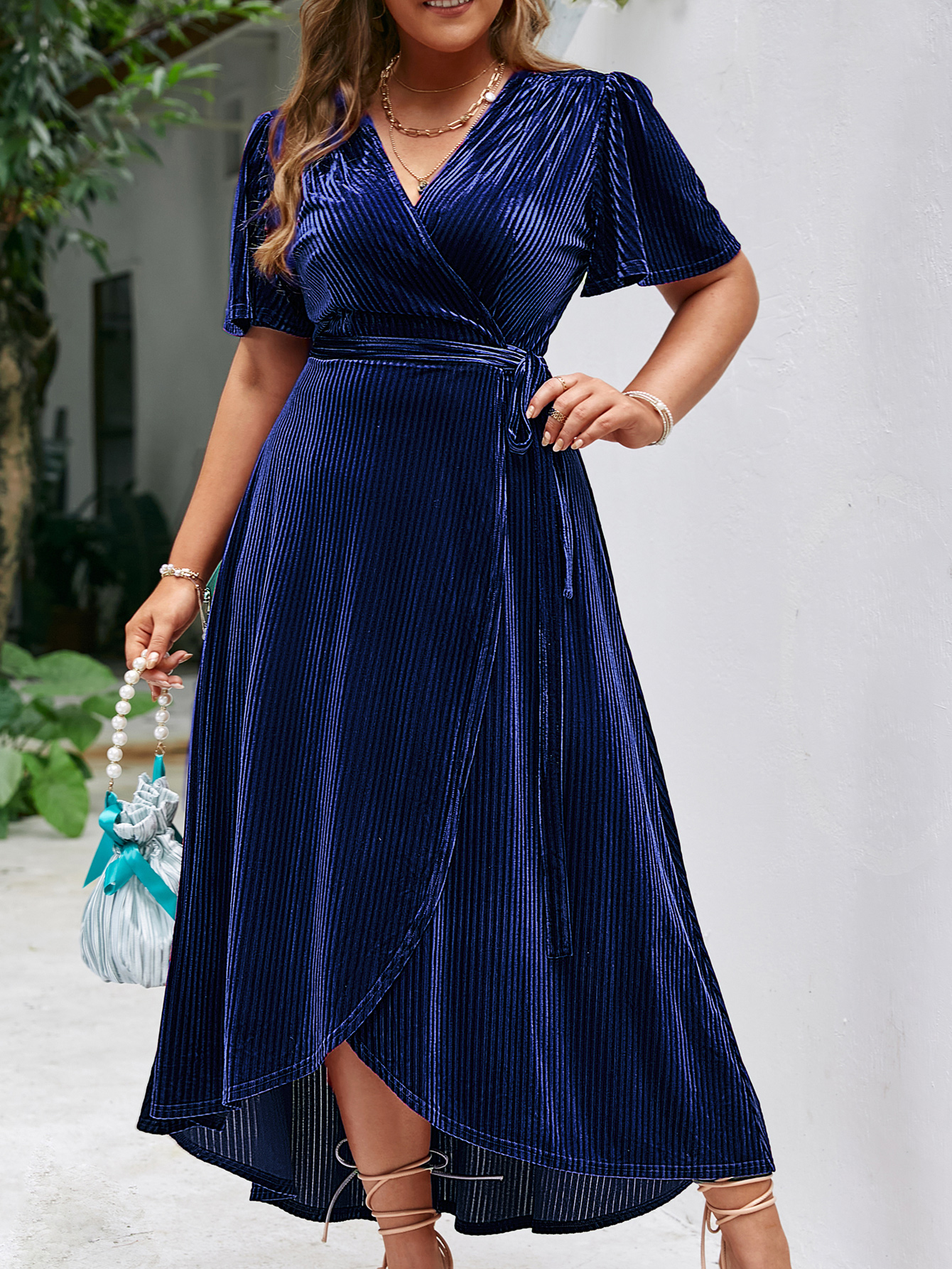 Plus Size Velvet V Neck Short Sleeve Wrap Maxi Dress - Navy Blue