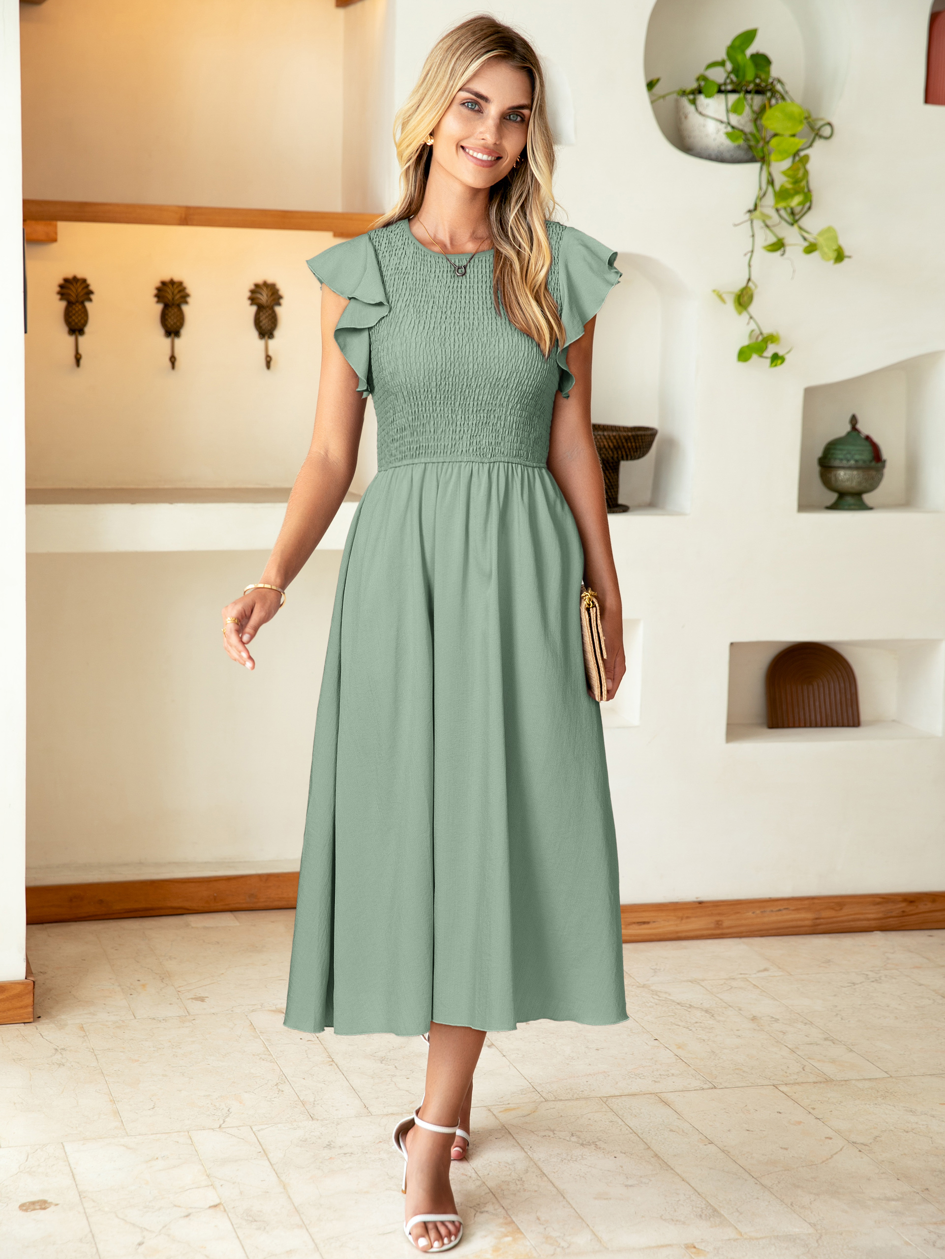 Smocked Bodice Flutter Sleeve A-Line Midi Dress - Sage Green
