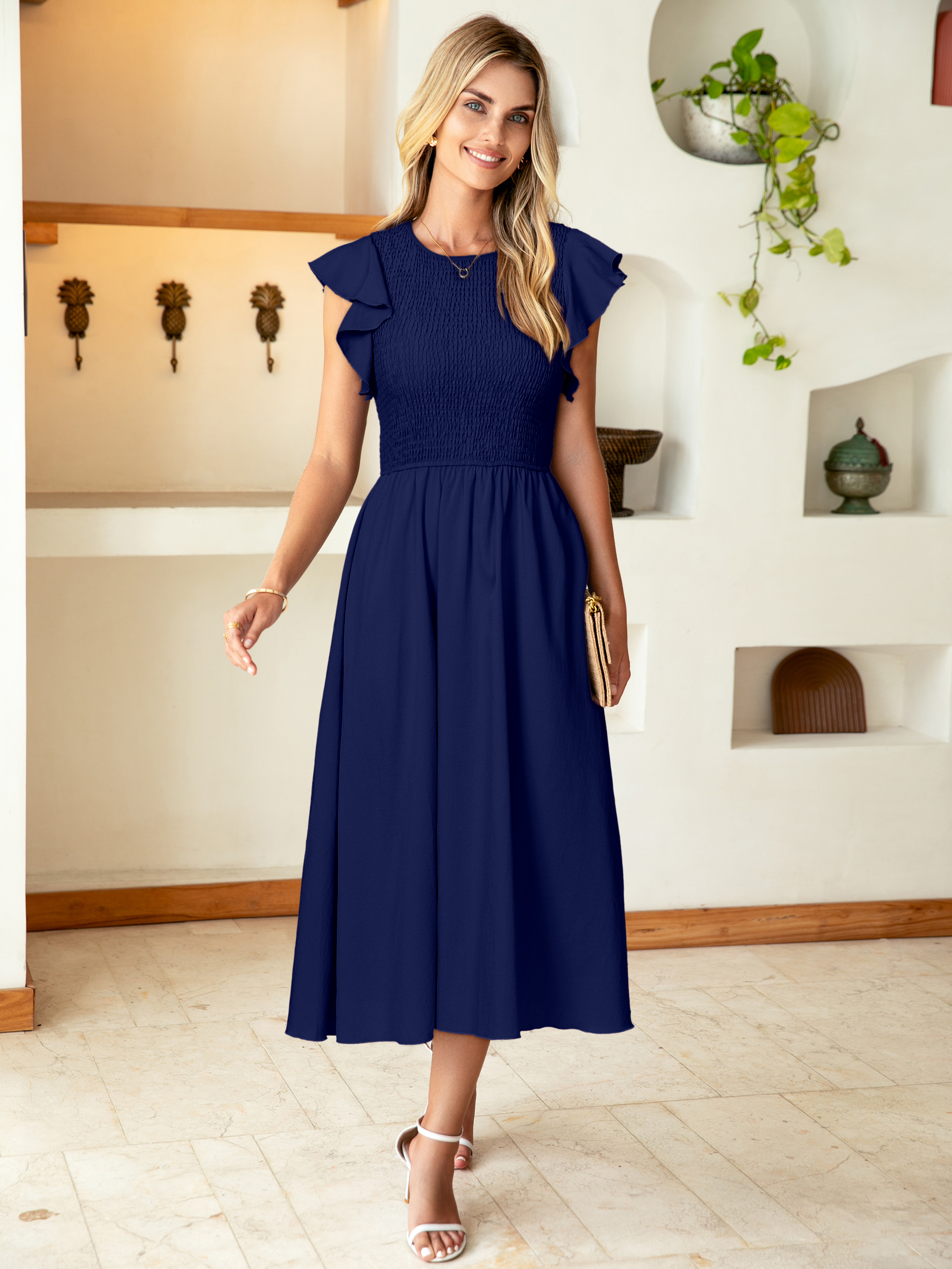 Smocked Bodice Flutter Sleeve A-Line Midi Dress - Navy Blue