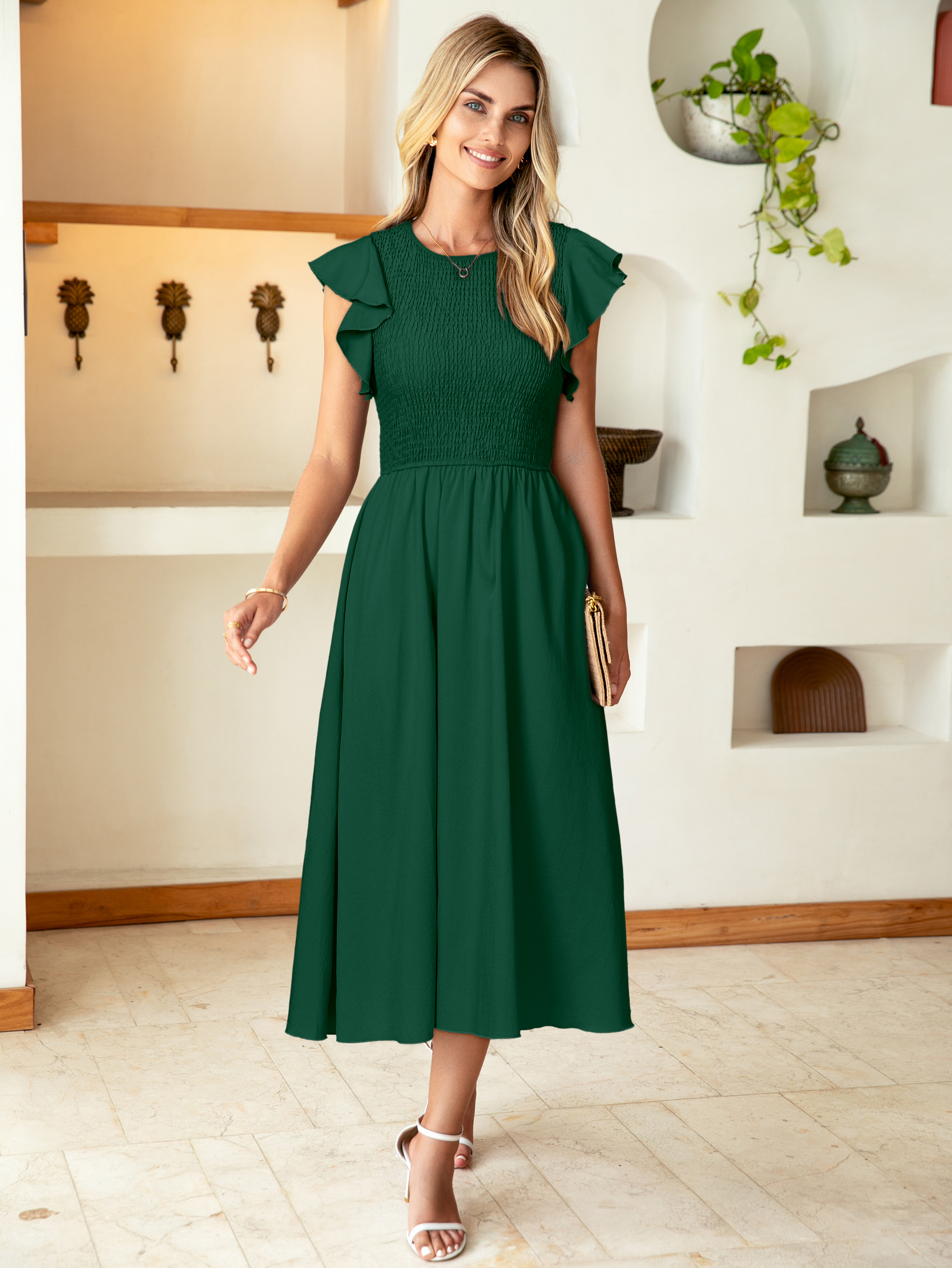 Smocked Bodice Flutter Sleeve A-Line Midi Dress - Dark Green