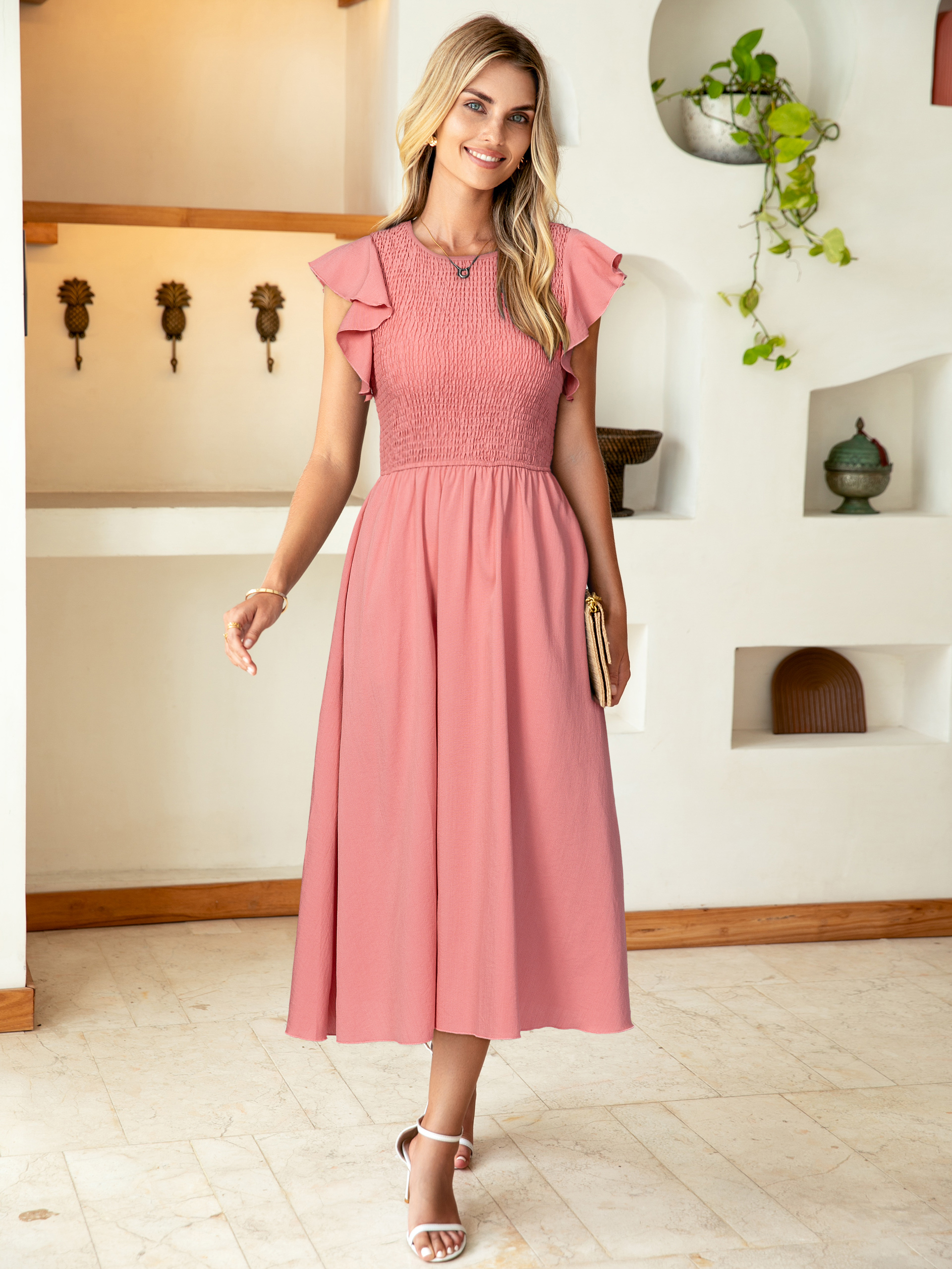 Smocked Bodice Flutter Sleeve A-Line Midi Dress - Pink