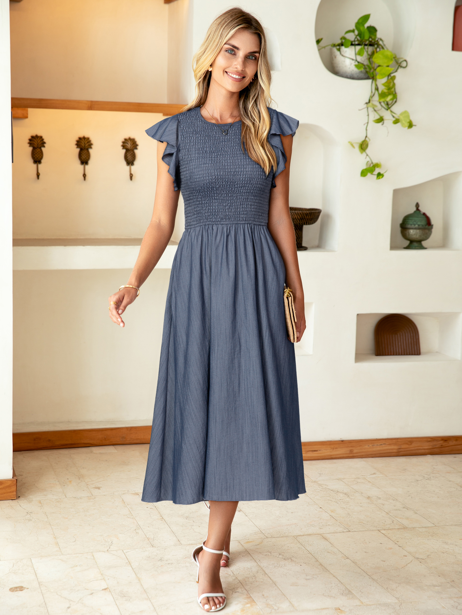 Smocked Bodice Flutter Sleeve A-Line Midi Dress - Dark Blue