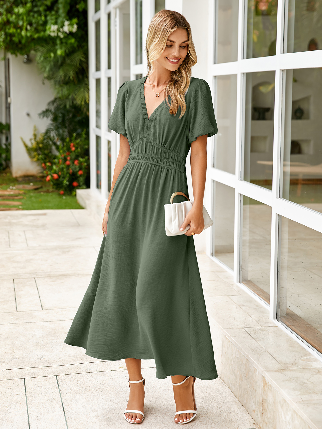 Boho Puff Sleeve Flowy Wedding Guest Maxi Dress