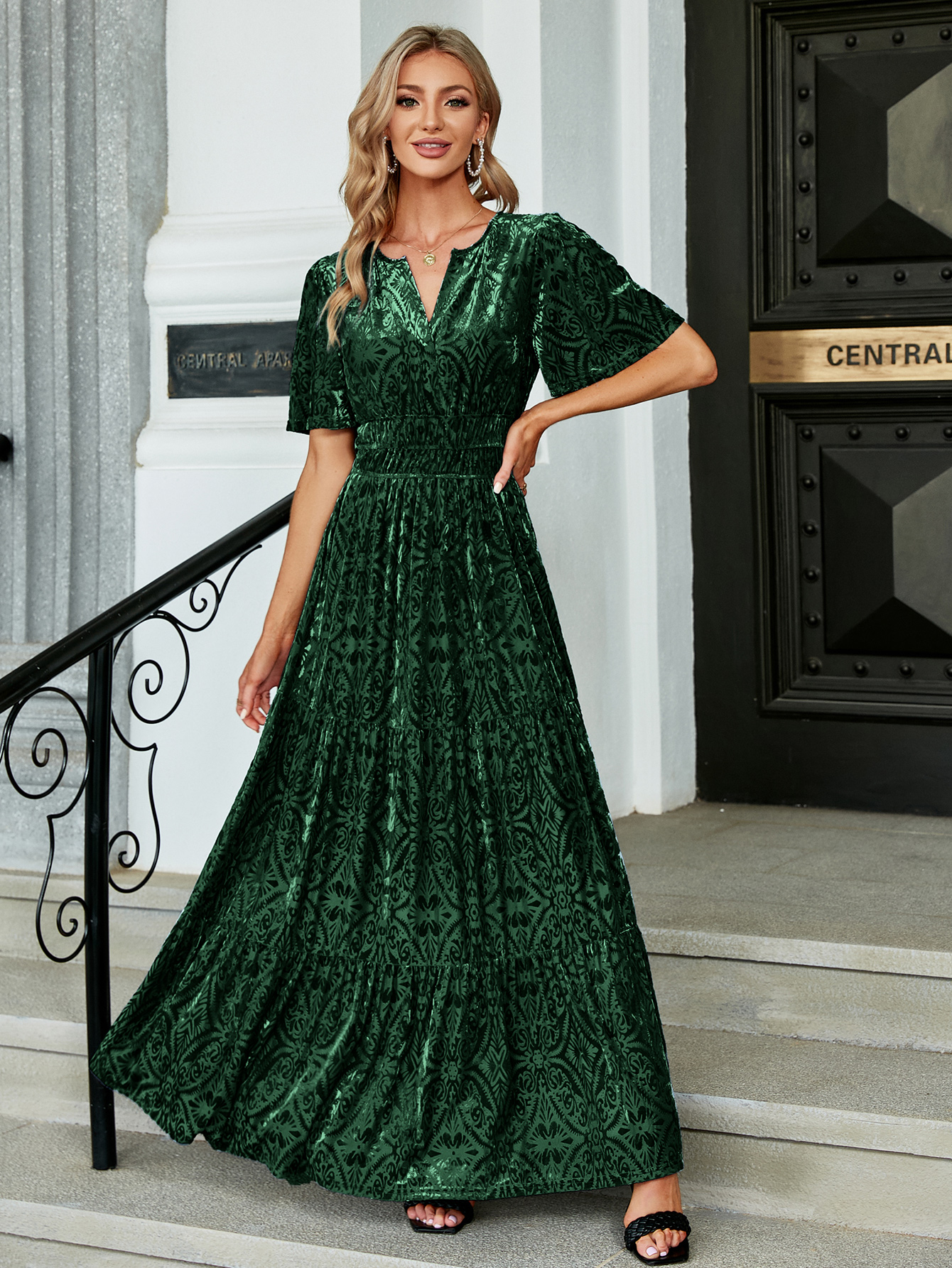 Velvet Print V-Neck Empire Tiered Ruffle Maxi Dress - Print-Dark Green