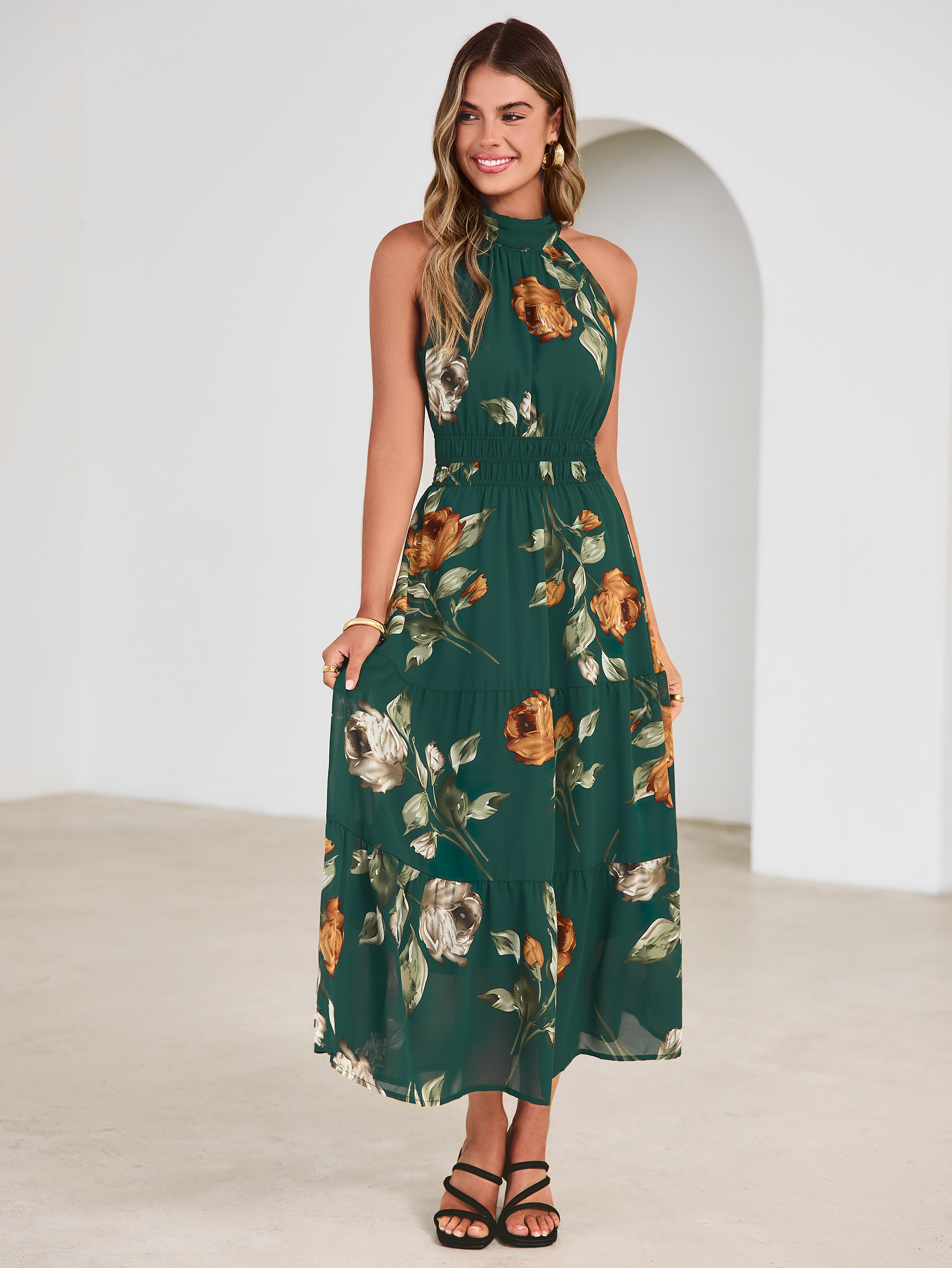 Floral Halter Neck Smocked Waist Maxi Dress