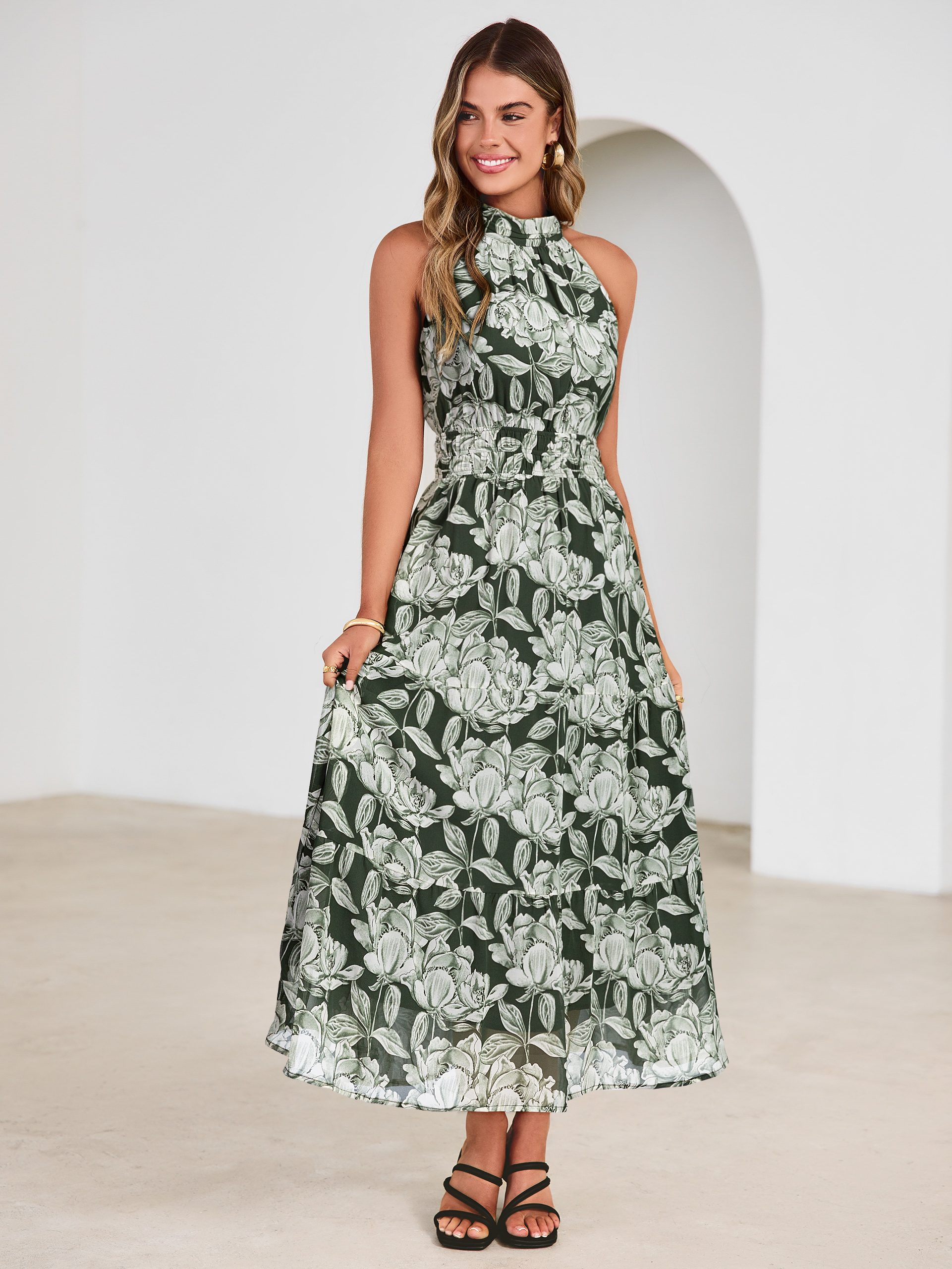 Floral Halter Neck Smocked Waist Maxi Dress