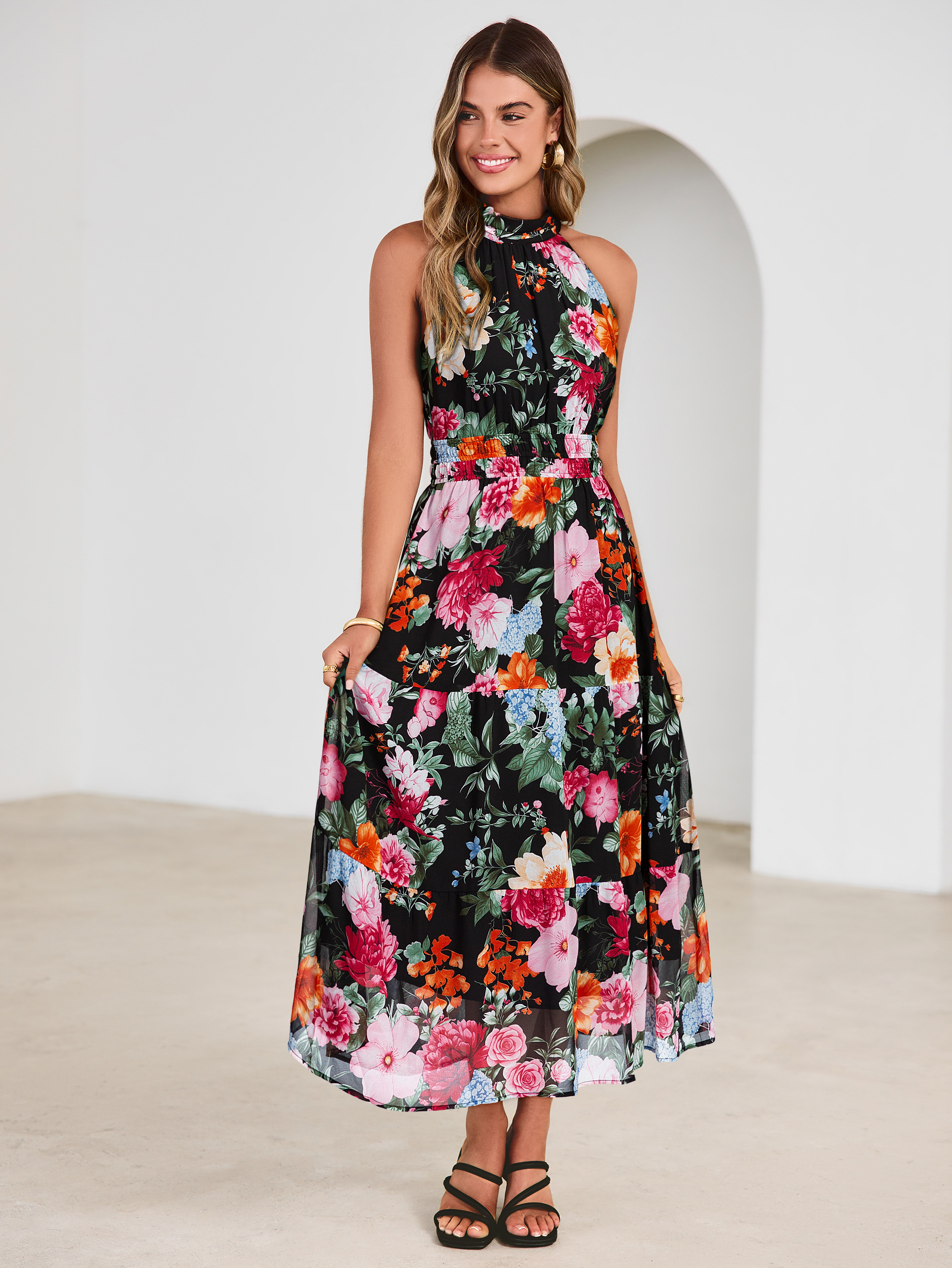 Floral Halter Neck Smocked Waist Maxi Dress