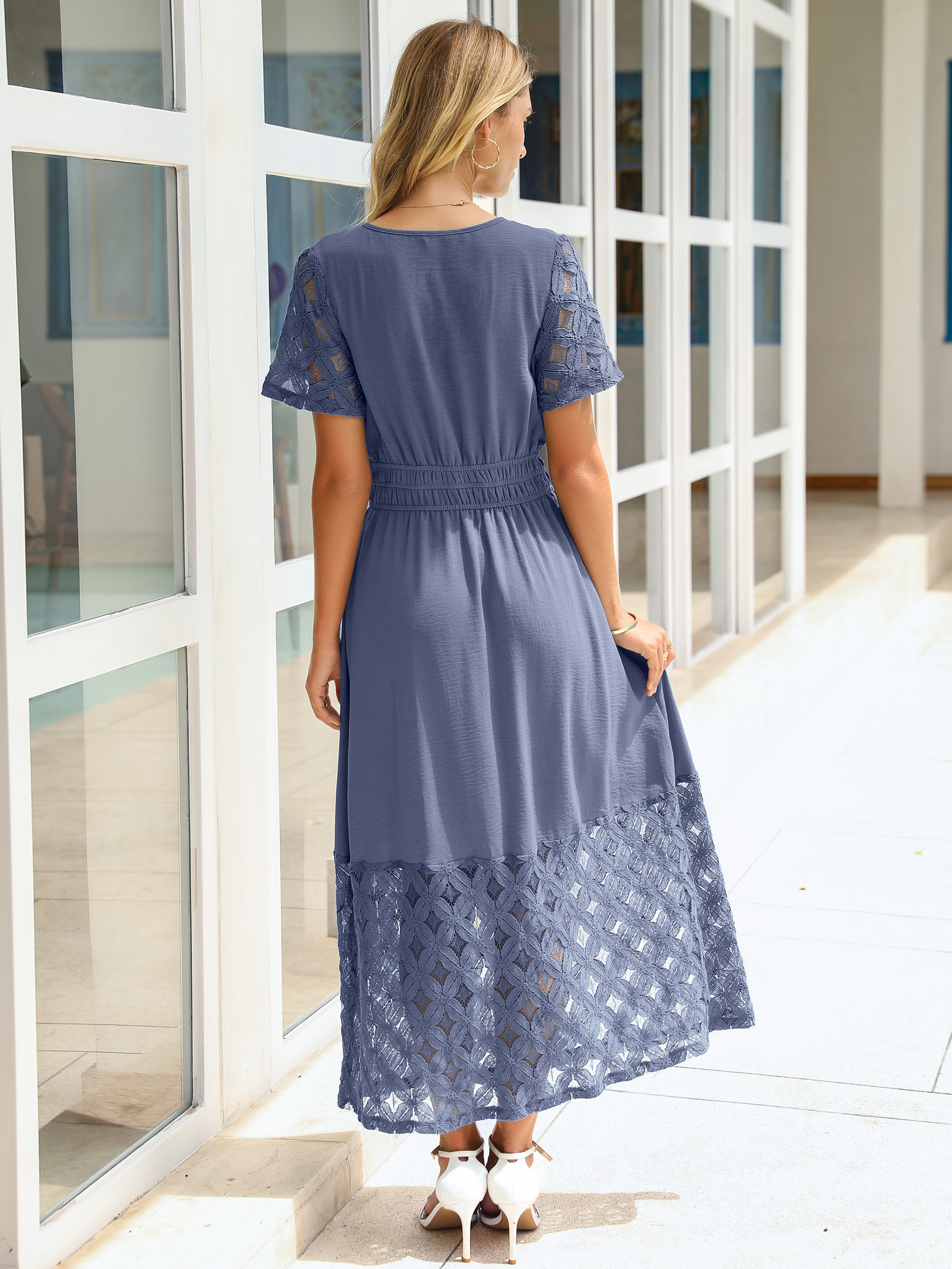 Lace Boho V Neck Short Sleeve Tiered Maxi Dress