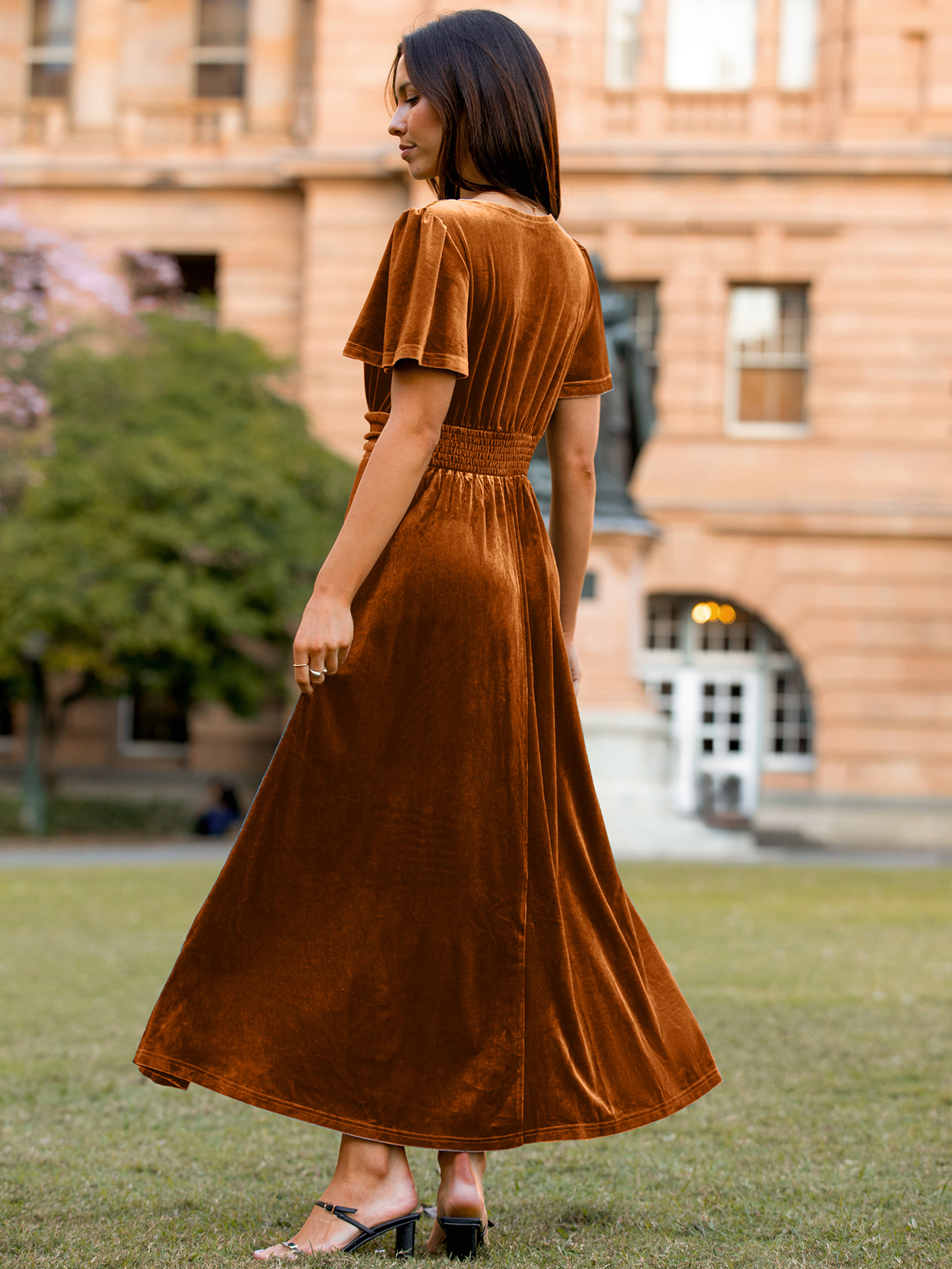 Elegant Velvet V-Neck Slit Ruffle Sleeve Maxi Dress - Burnt Orange