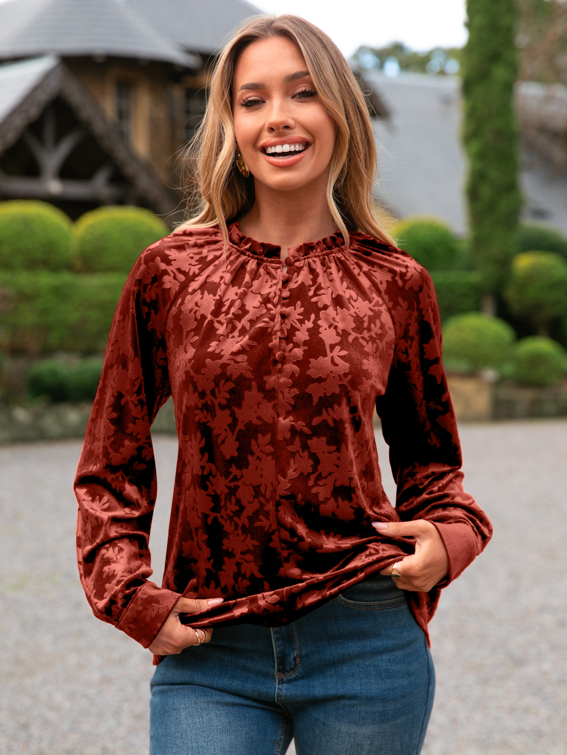 Velvet Button Down Long Sleeve Dressy Casual Blouse