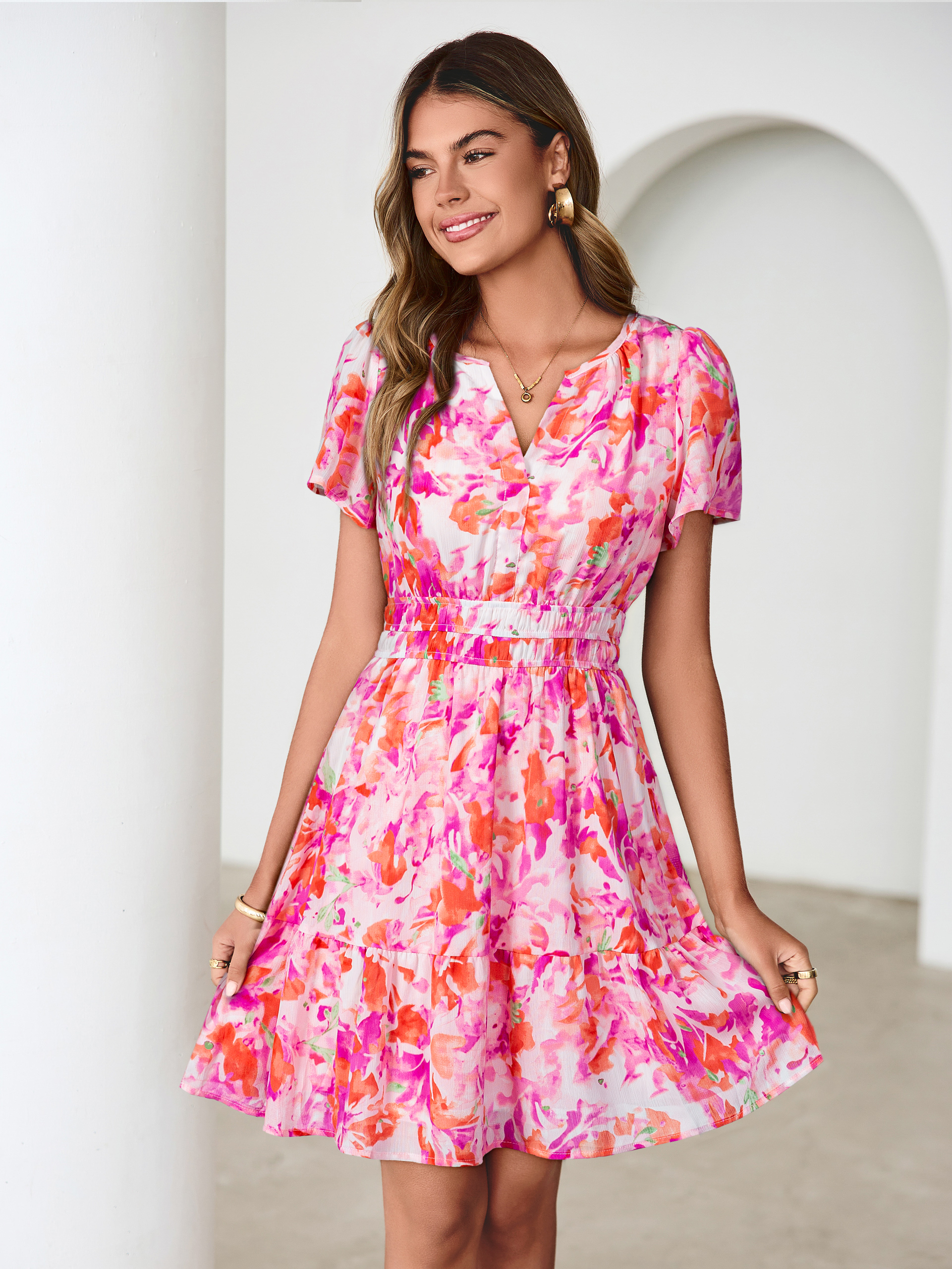 Floral V-Neck Lined Ruffle Tiered Mini Dress - Pink Orange Floral