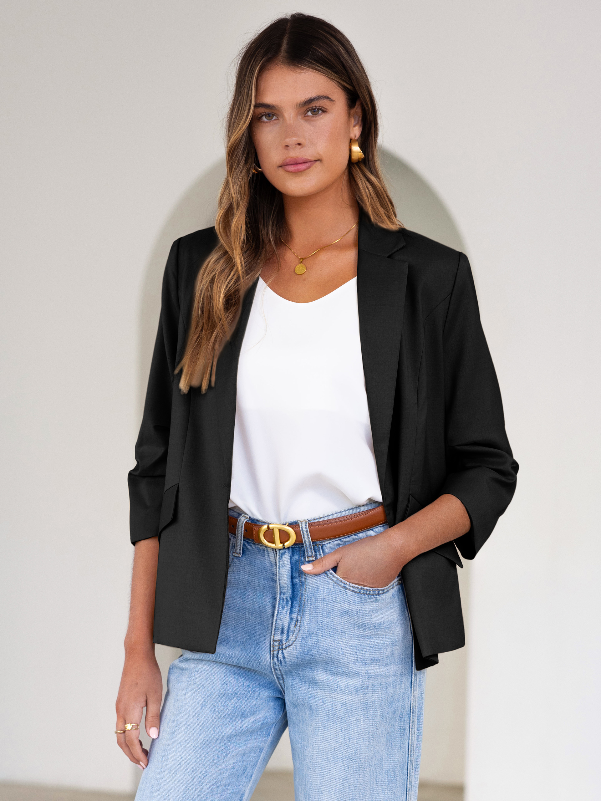 Relaxed Fit 3/4 Sleeve Notch Lapel Blazer - Black