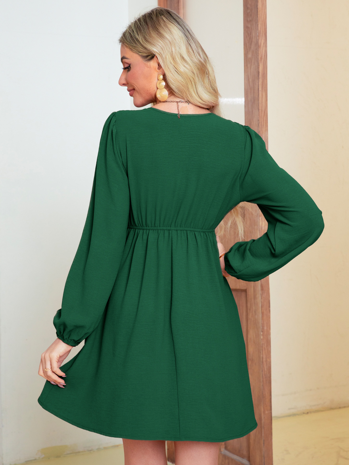 Deep V Puff Sleeve Smocked Babydoll Mini Dress