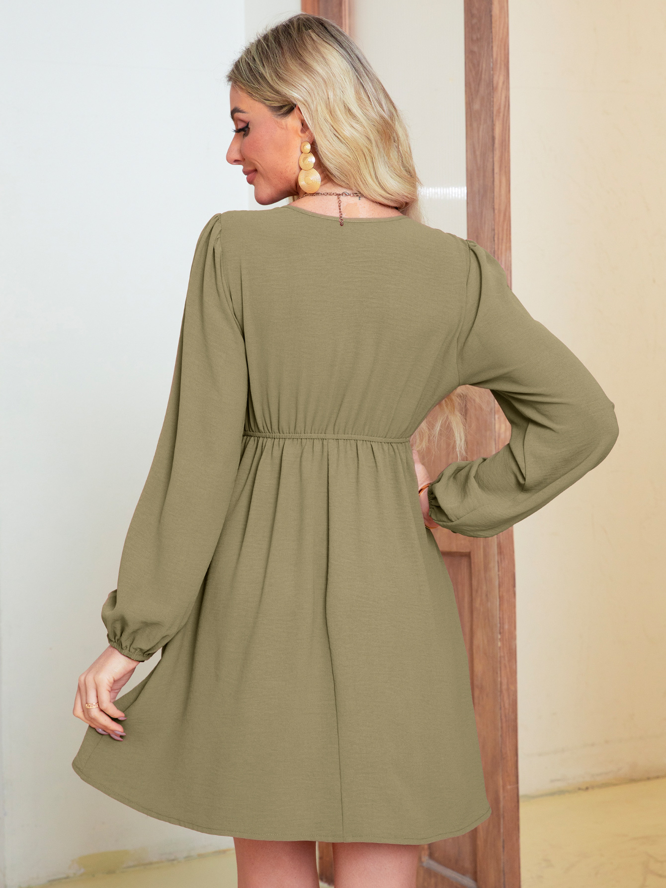 Deep V Puff Sleeve Smocked Babydoll Mini Dress