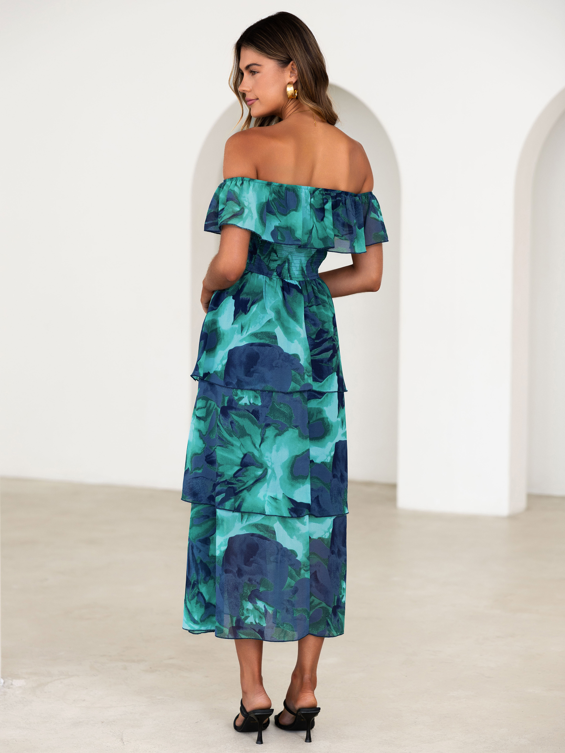 Off Shoulder Multicolor Ruffle Tiered Maxi Dress