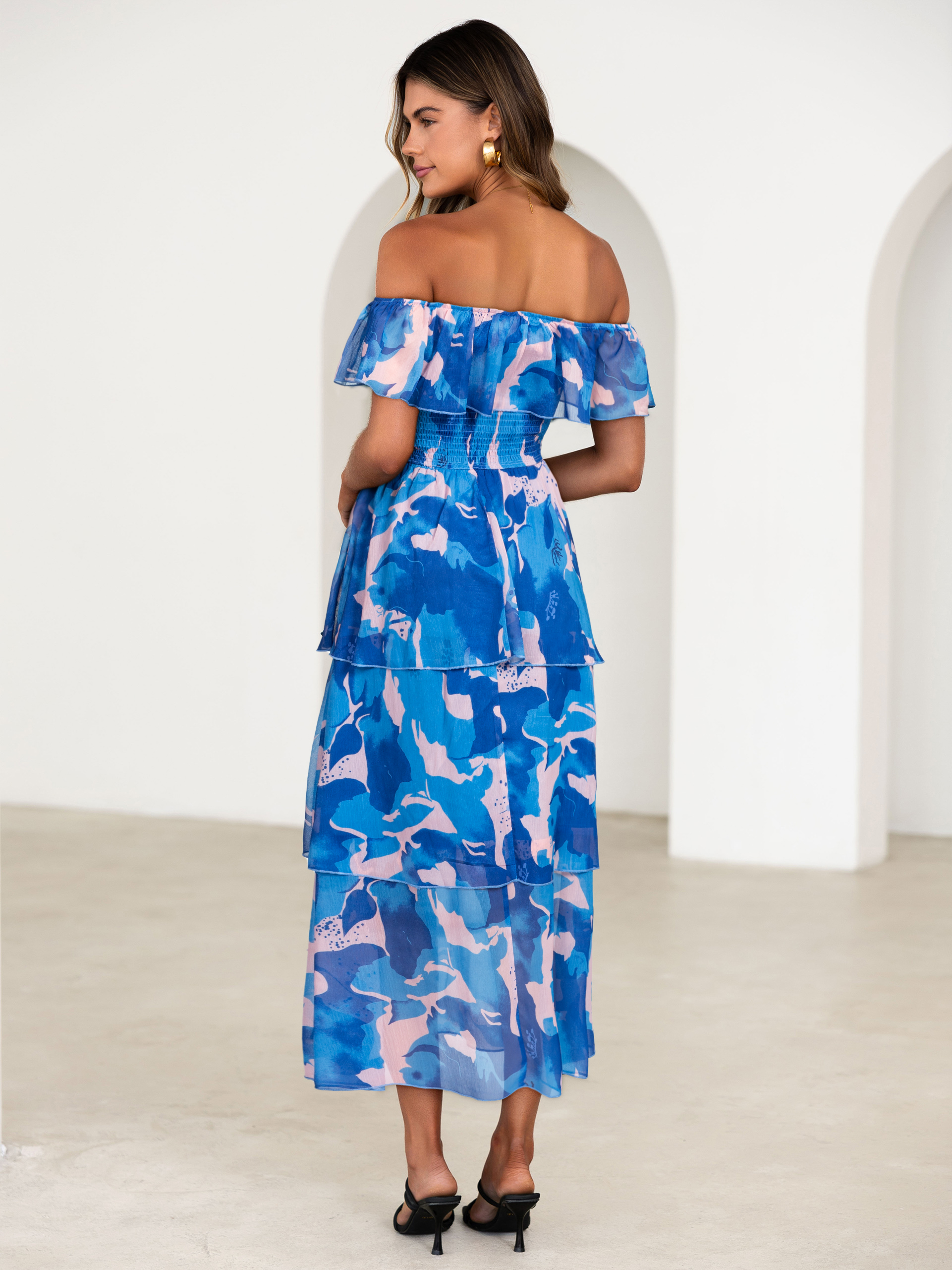 Off Shoulder Multicolor Ruffle Tiered Maxi Dress