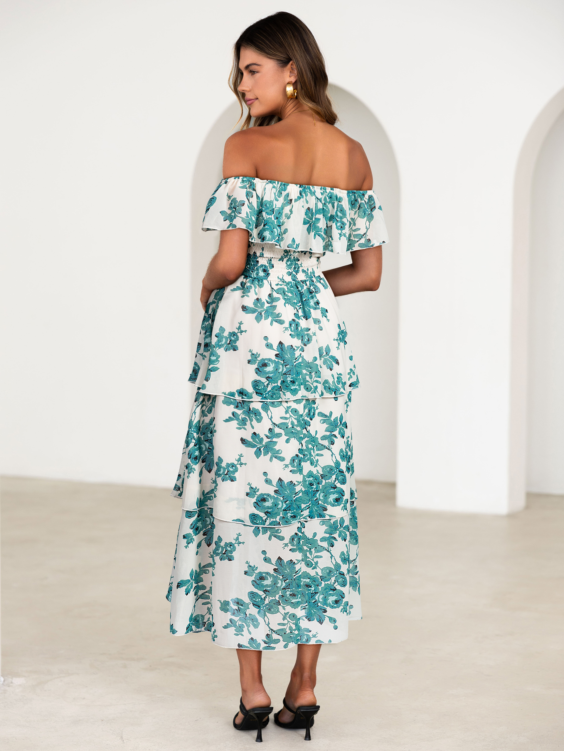 Off Shoulder Multicolor Ruffle Tiered Maxi Dress
