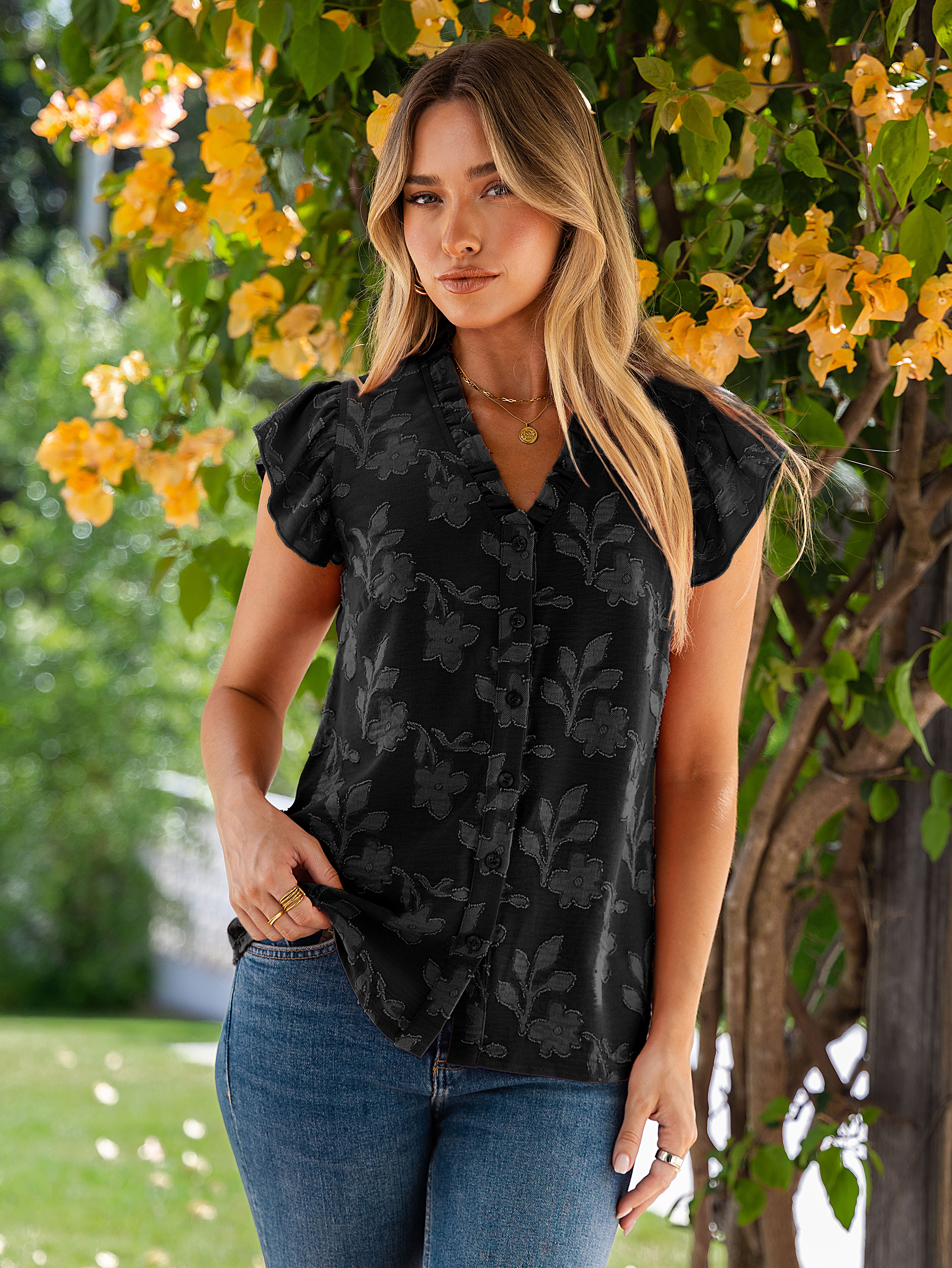 Floral V Neck Ruffle Sleeve Button Down Blouse