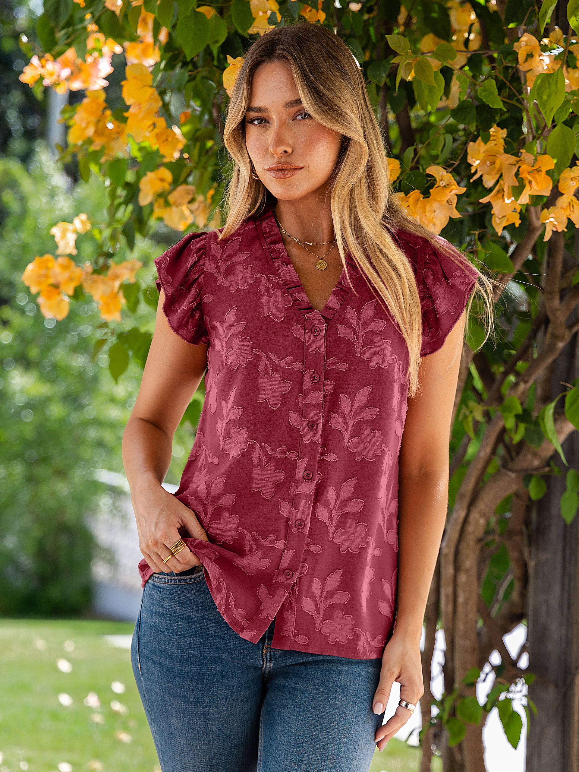 Floral V Neck Ruffle Sleeve Button Down Blouse