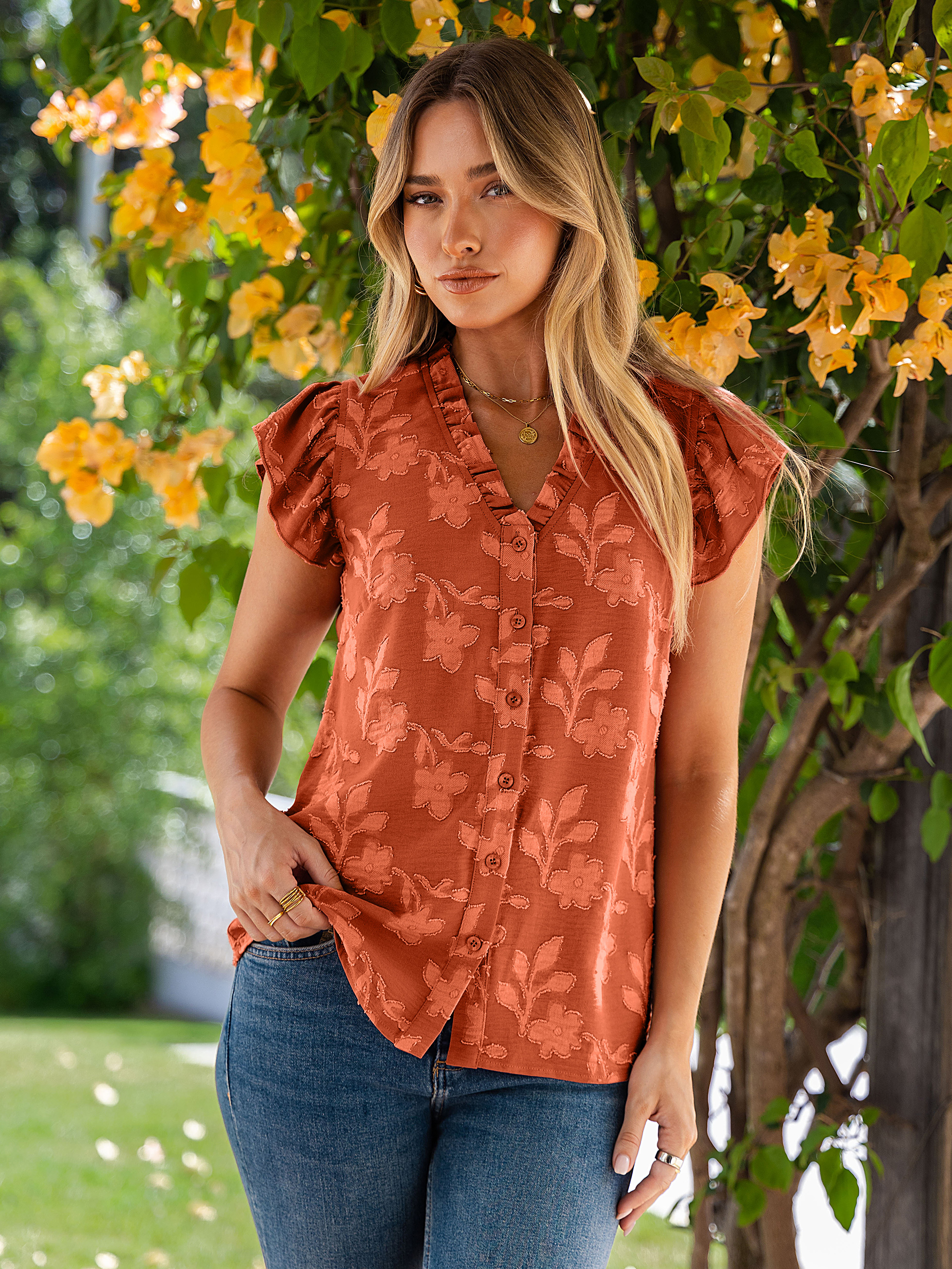 Floral V Neck Ruffle Sleeve Button Down Blouse