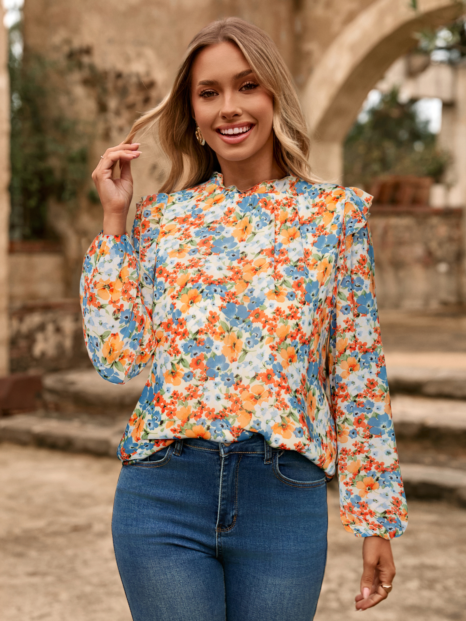 Boho Floral Ruffle Long Sleeve Blouse