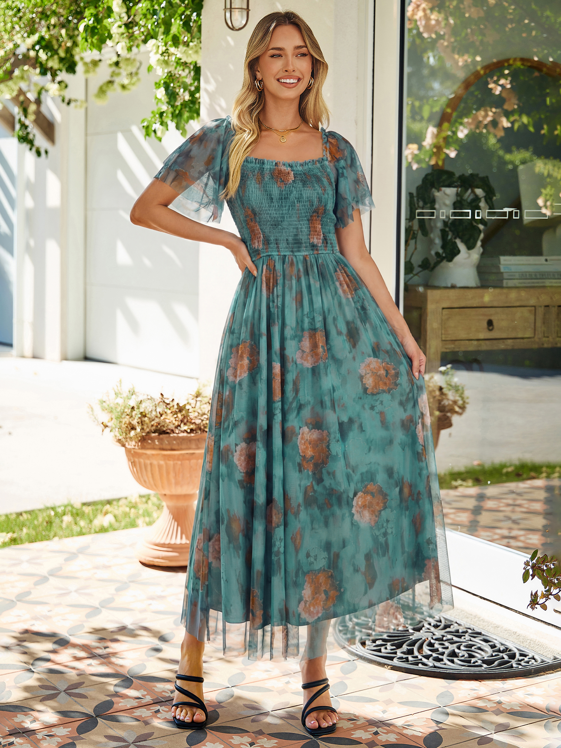 Floral Square Neck Smocked Flutter Sleeve Maxi Dress - Floral Blue Green Orange