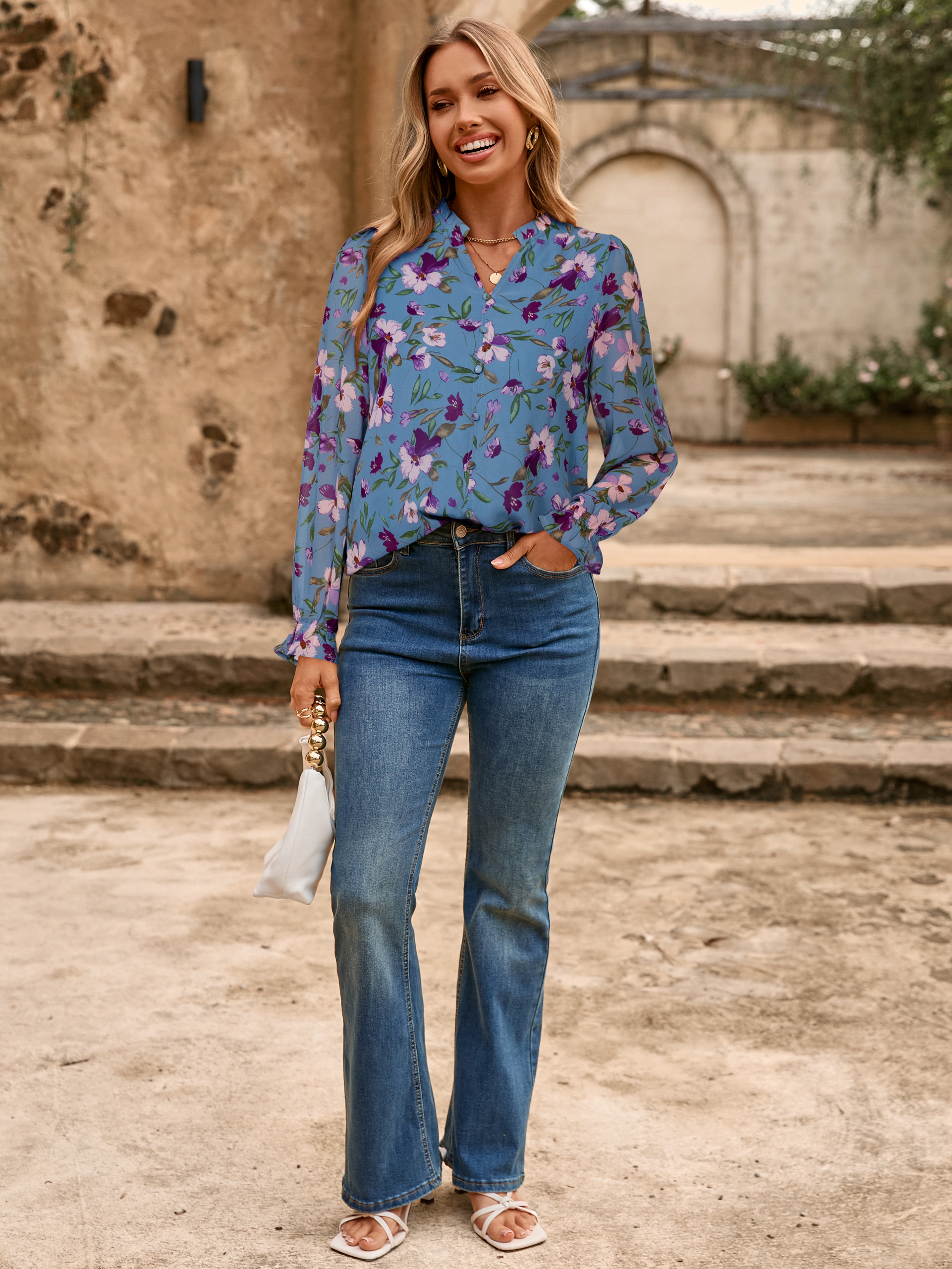 Floral V Neck Puff Sleeve Chiffon Blouse