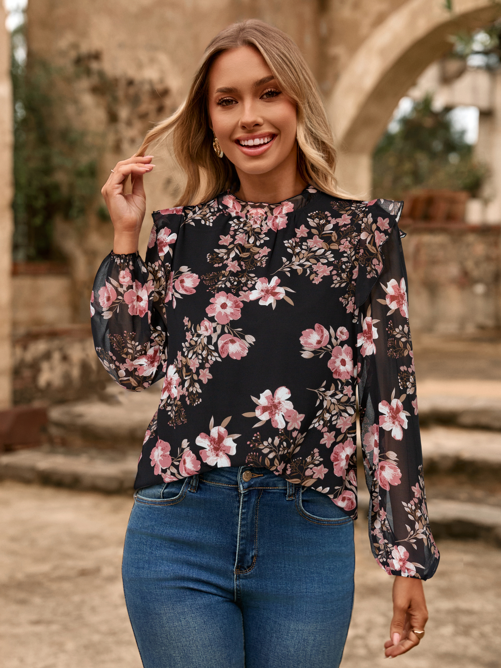 Boho Floral Ruffle Long Sleeve Blouse