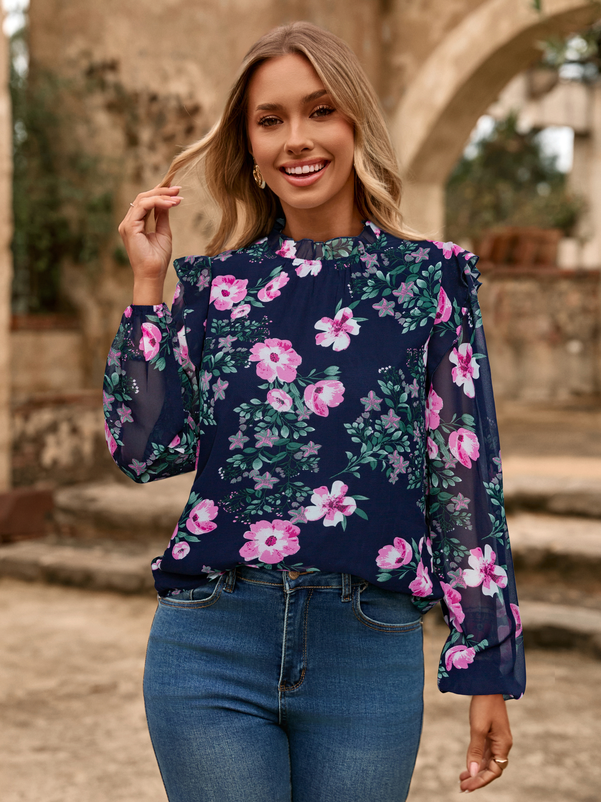 Boho Floral Ruffle Long Sleeve Blouse