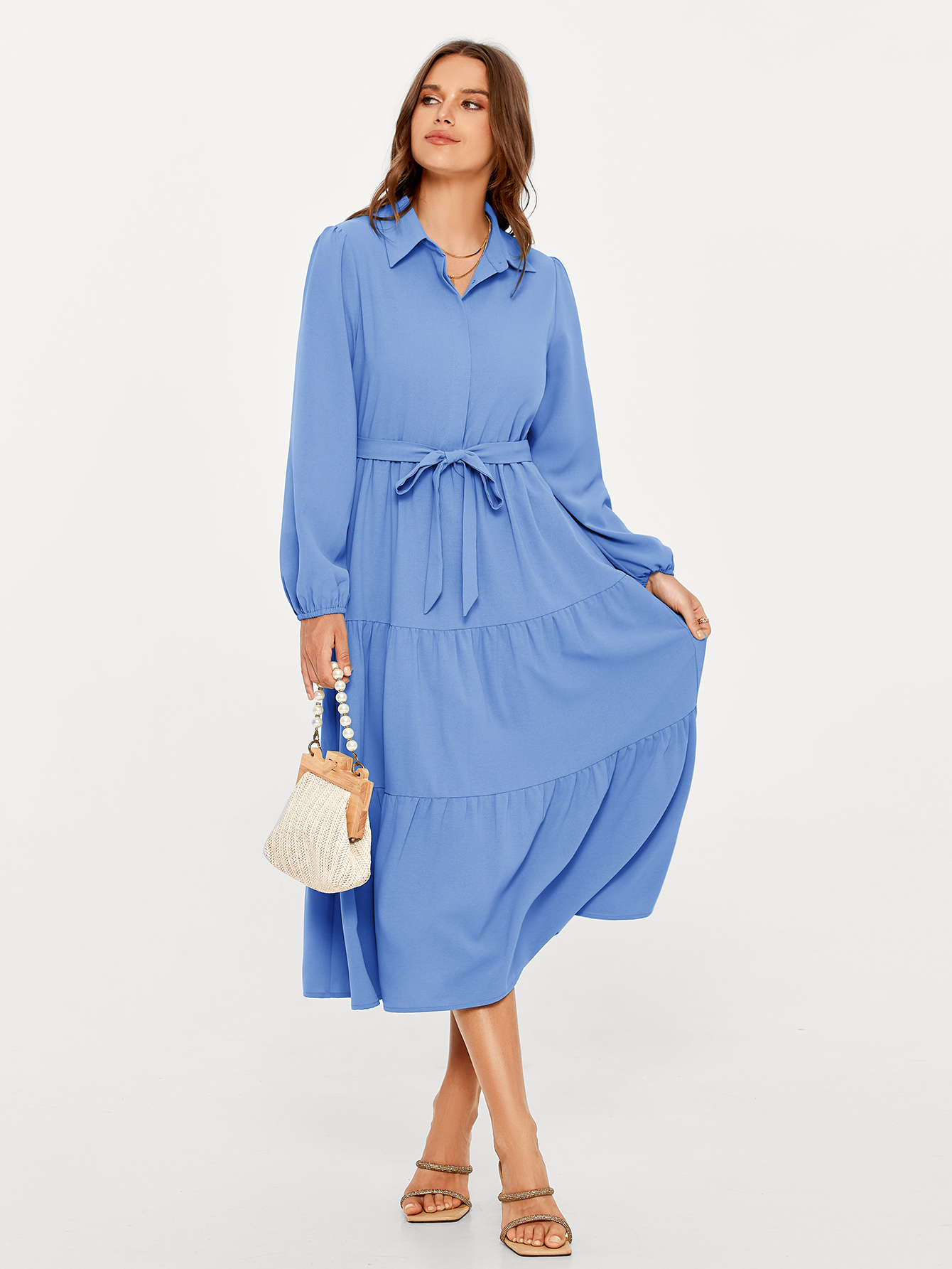 Button Up Lantern Sleeve Flowy Maxi Dress