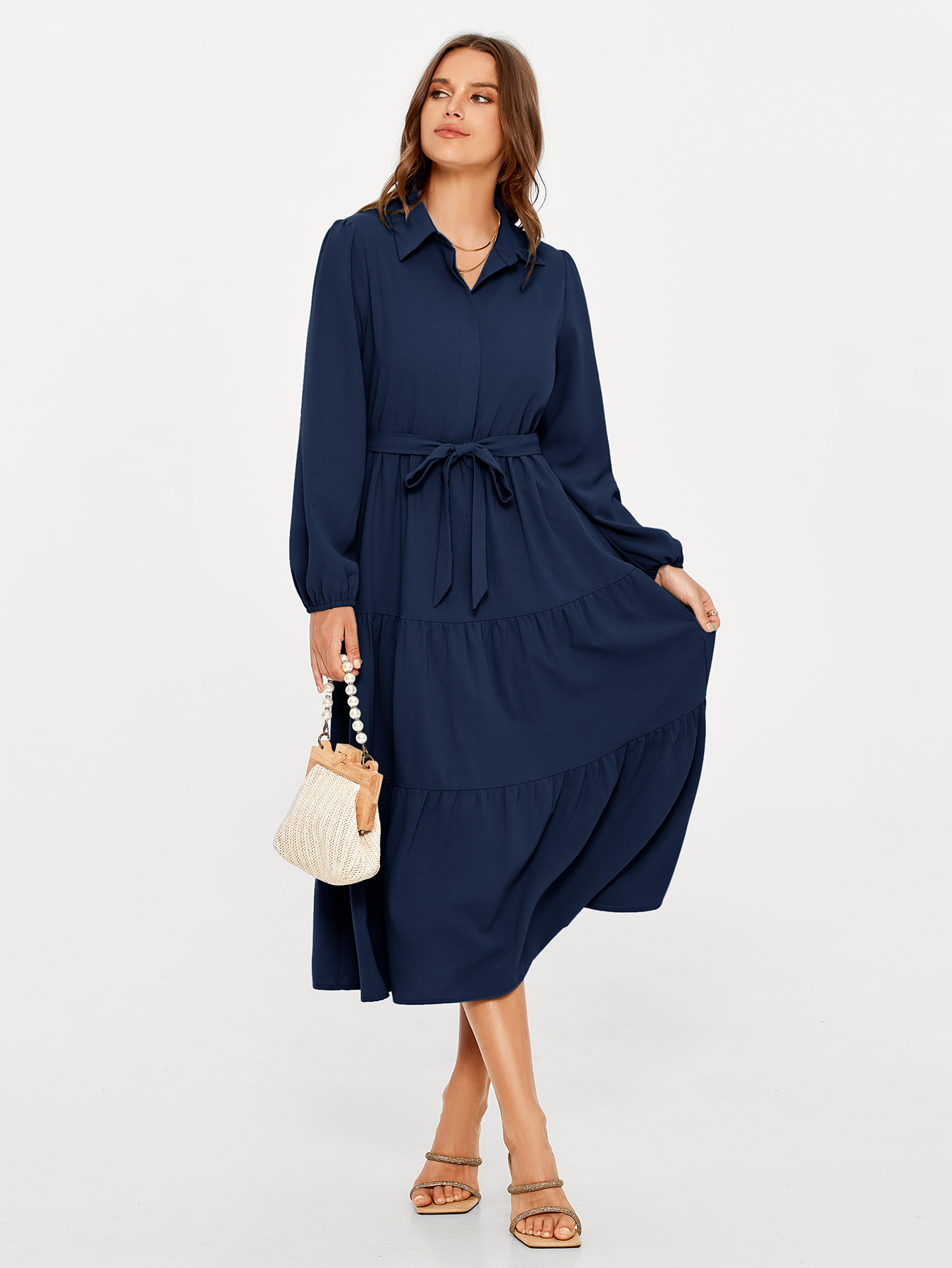 Button Up Lantern Sleeve Flowy Maxi Dress