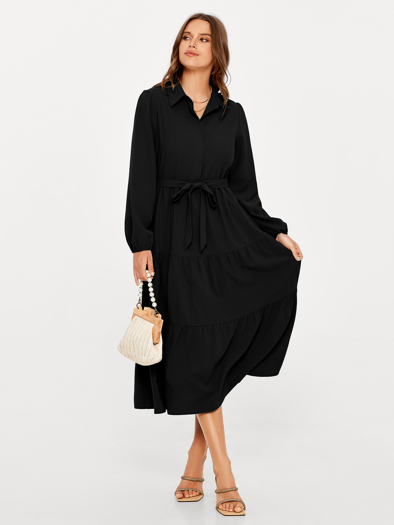 Button Up Lantern Sleeve Flowy Maxi Dress