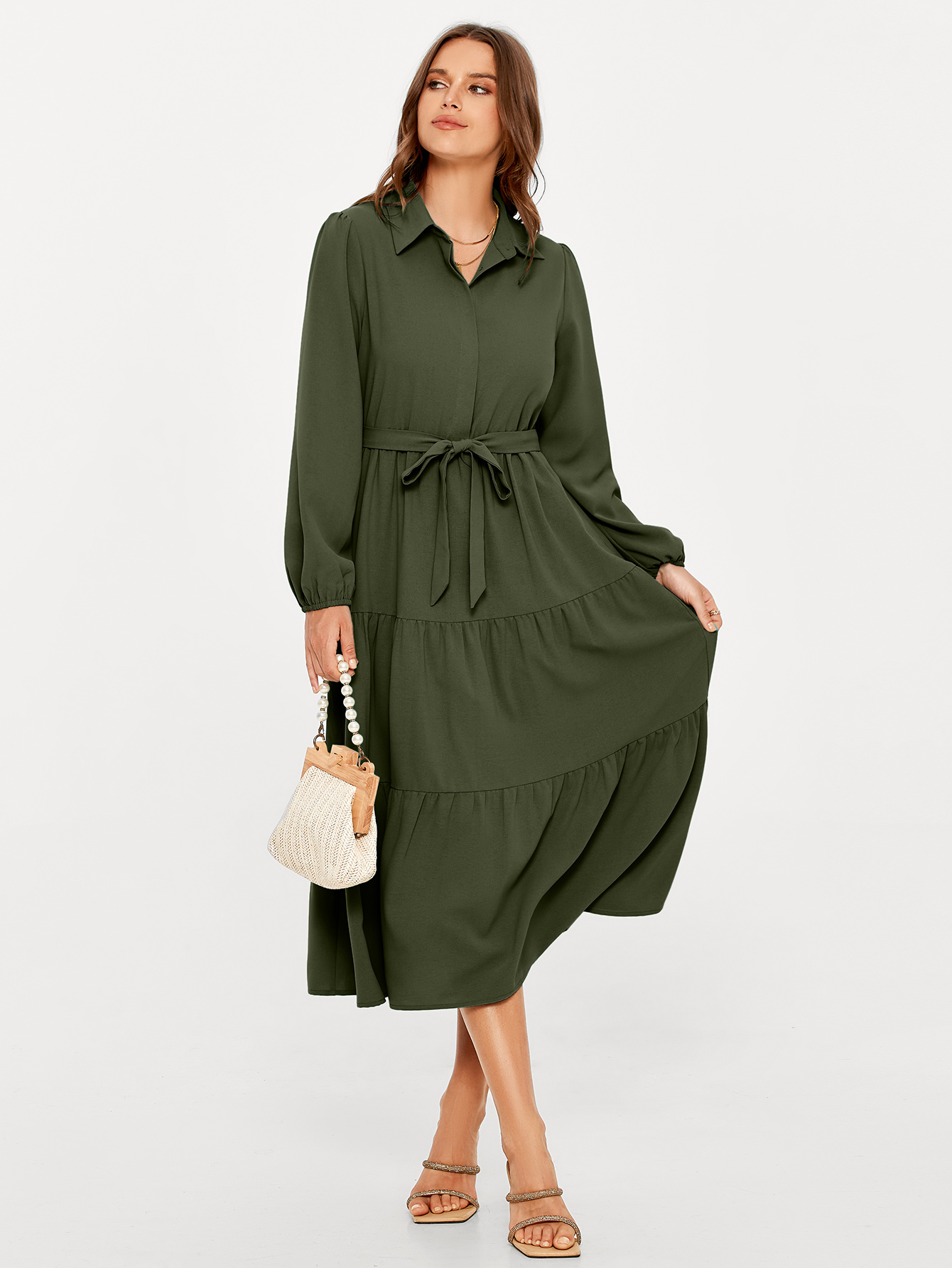 Button Up Lantern Sleeve Flowy Maxi Dress