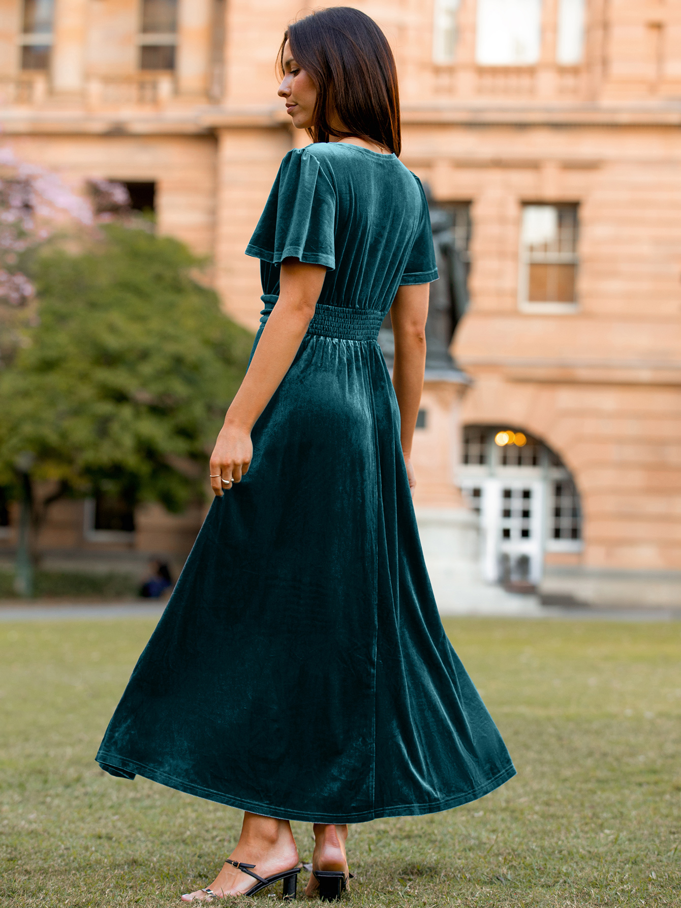 Elegant Velvet V-Neck Slit Ruffle Sleeve Maxi Dress