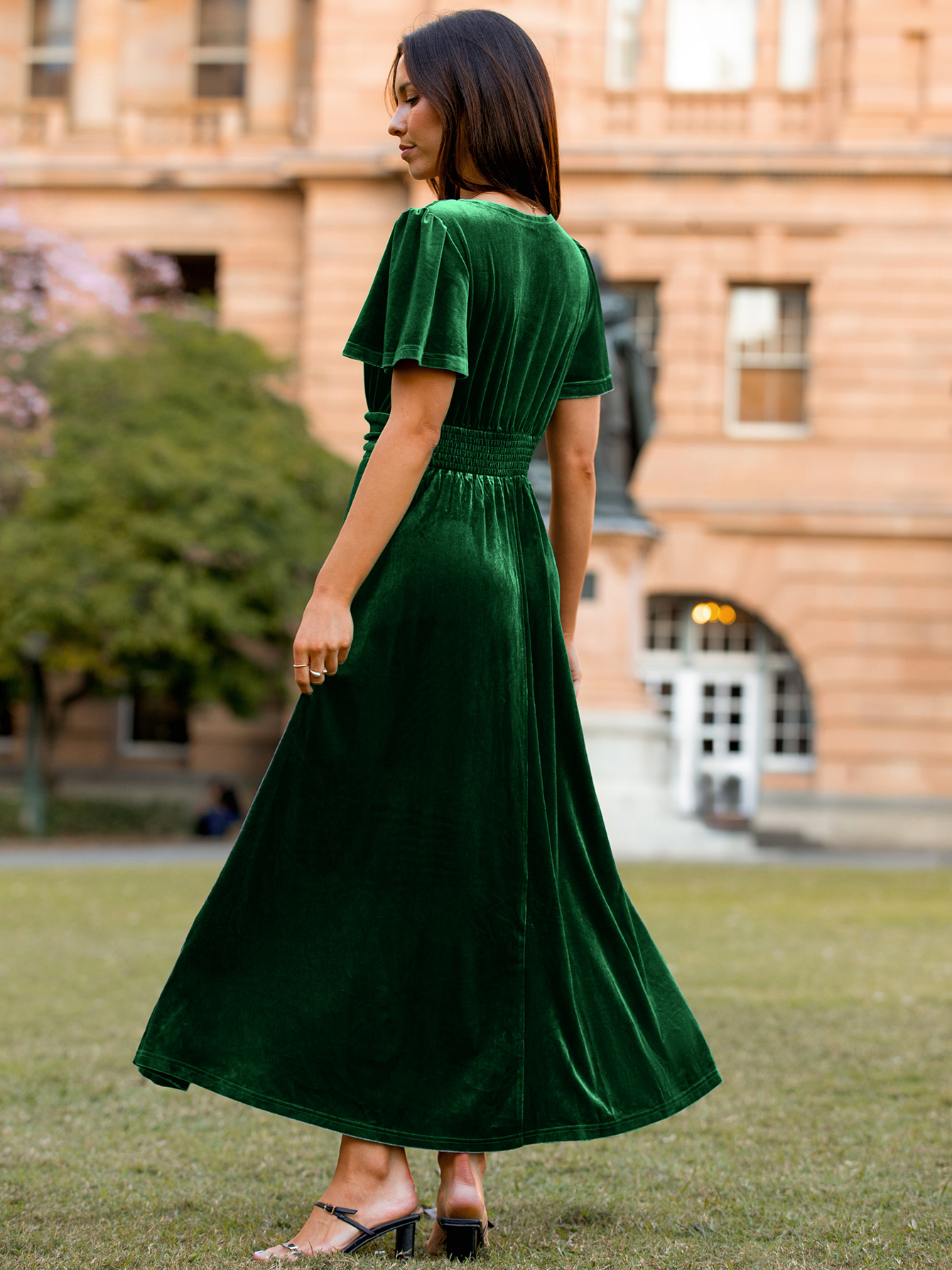 Elegant Velvet V-Neck Slit Ruffle Sleeve Maxi Dress