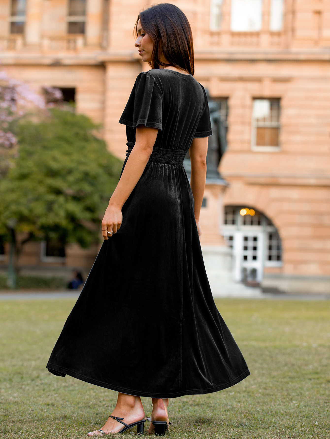 Elegant Velvet V-Neck Slit Ruffle Sleeve Maxi Dress