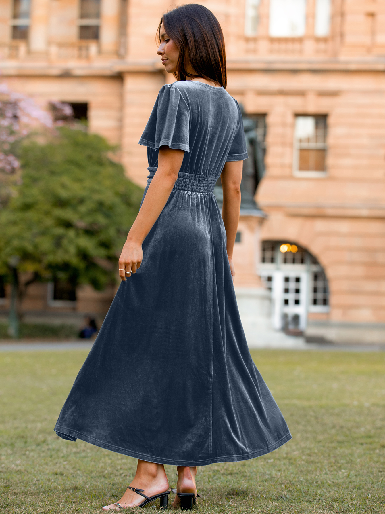 Elegant Velvet V-Neck Slit Ruffle Sleeve Maxi Dress
