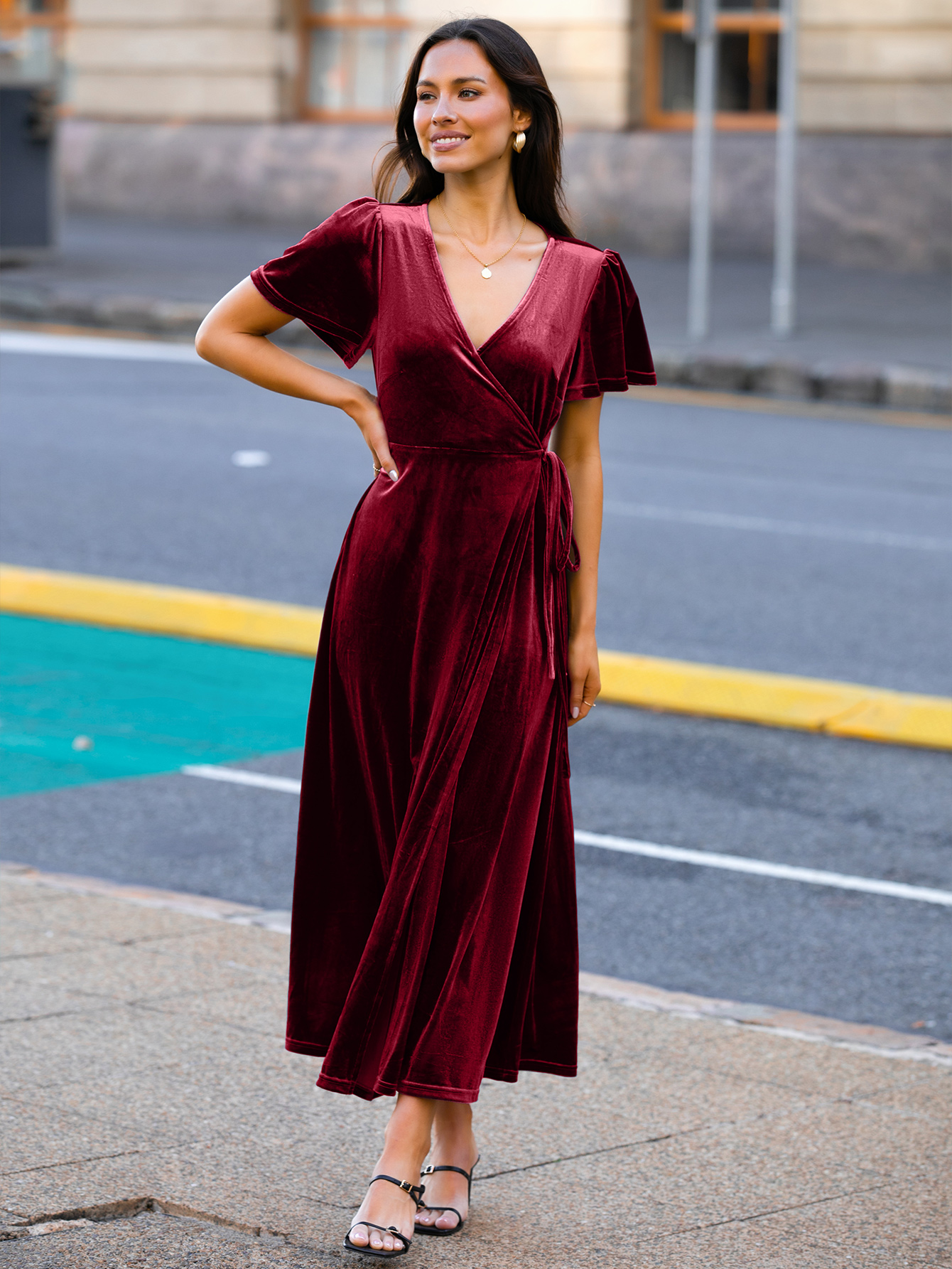 Velvet Wrap Dress V Neck Cocktail Maxi Dress