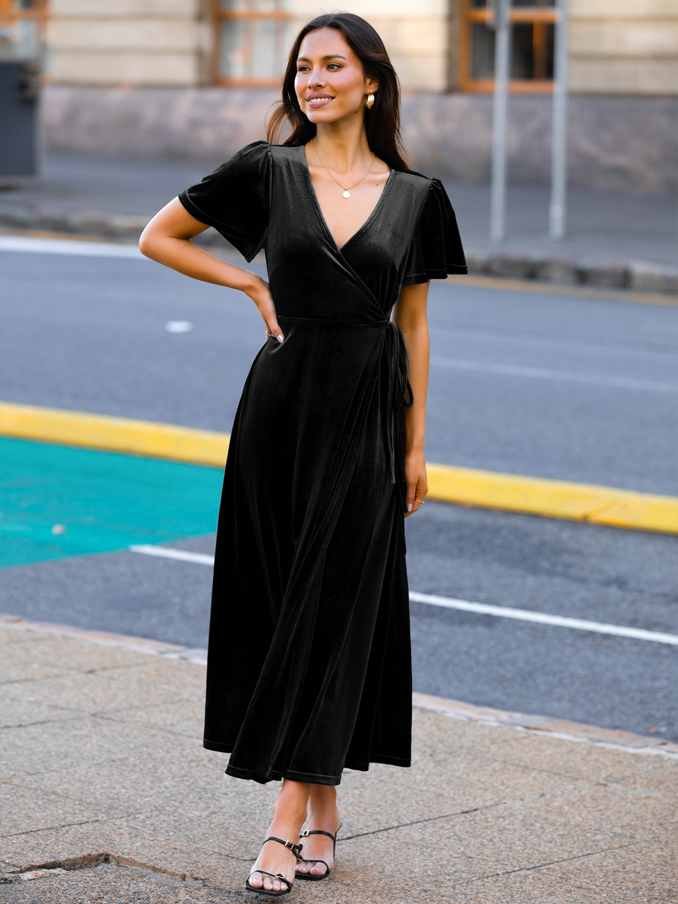 Velvet Wrap Dress V Neck Cocktail Maxi Dress