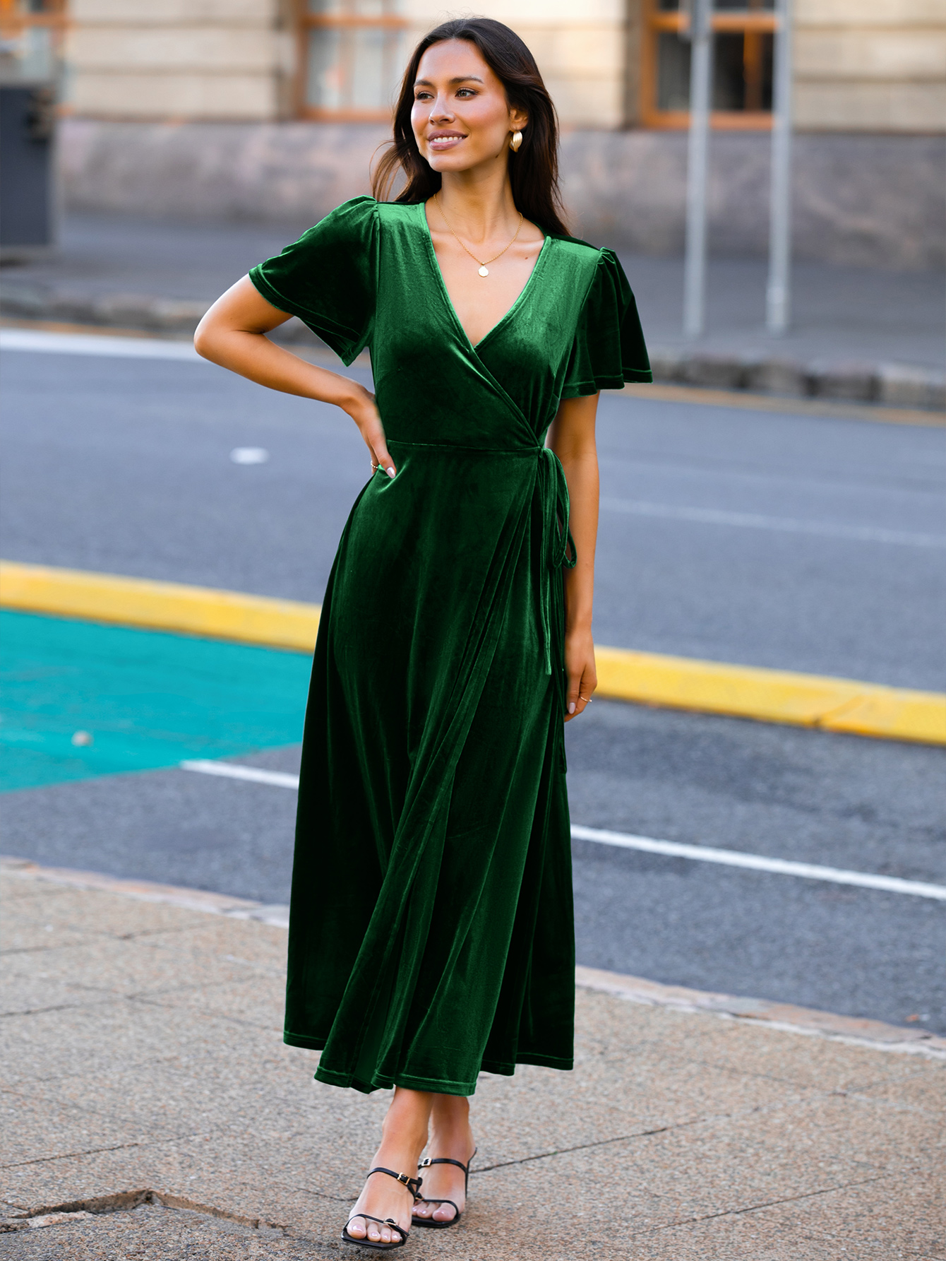 Velvet Wrap Dress V Neck Cocktail Maxi Dress