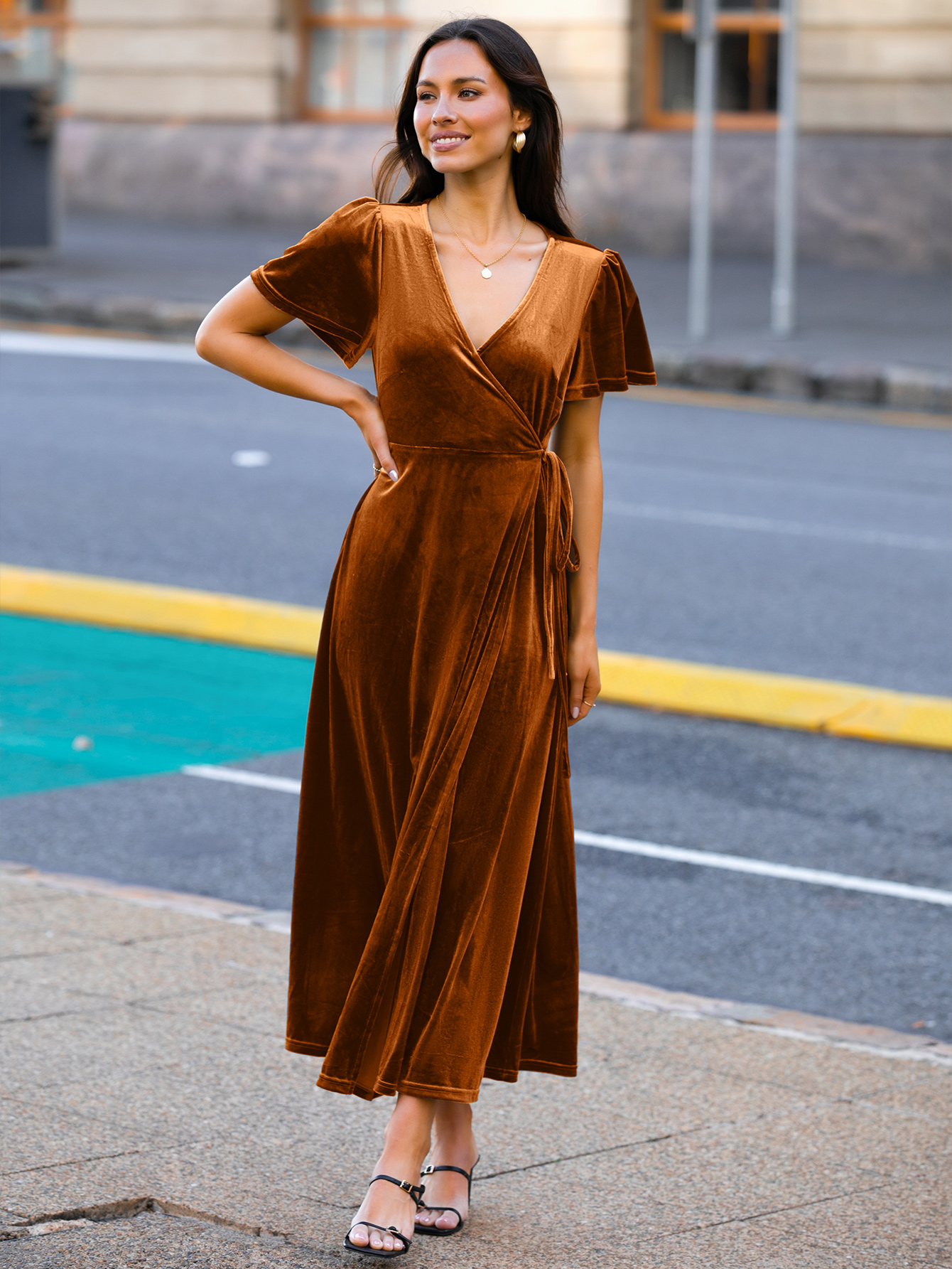 Velvet Wrap Dress V Neck Cocktail Maxi Dress