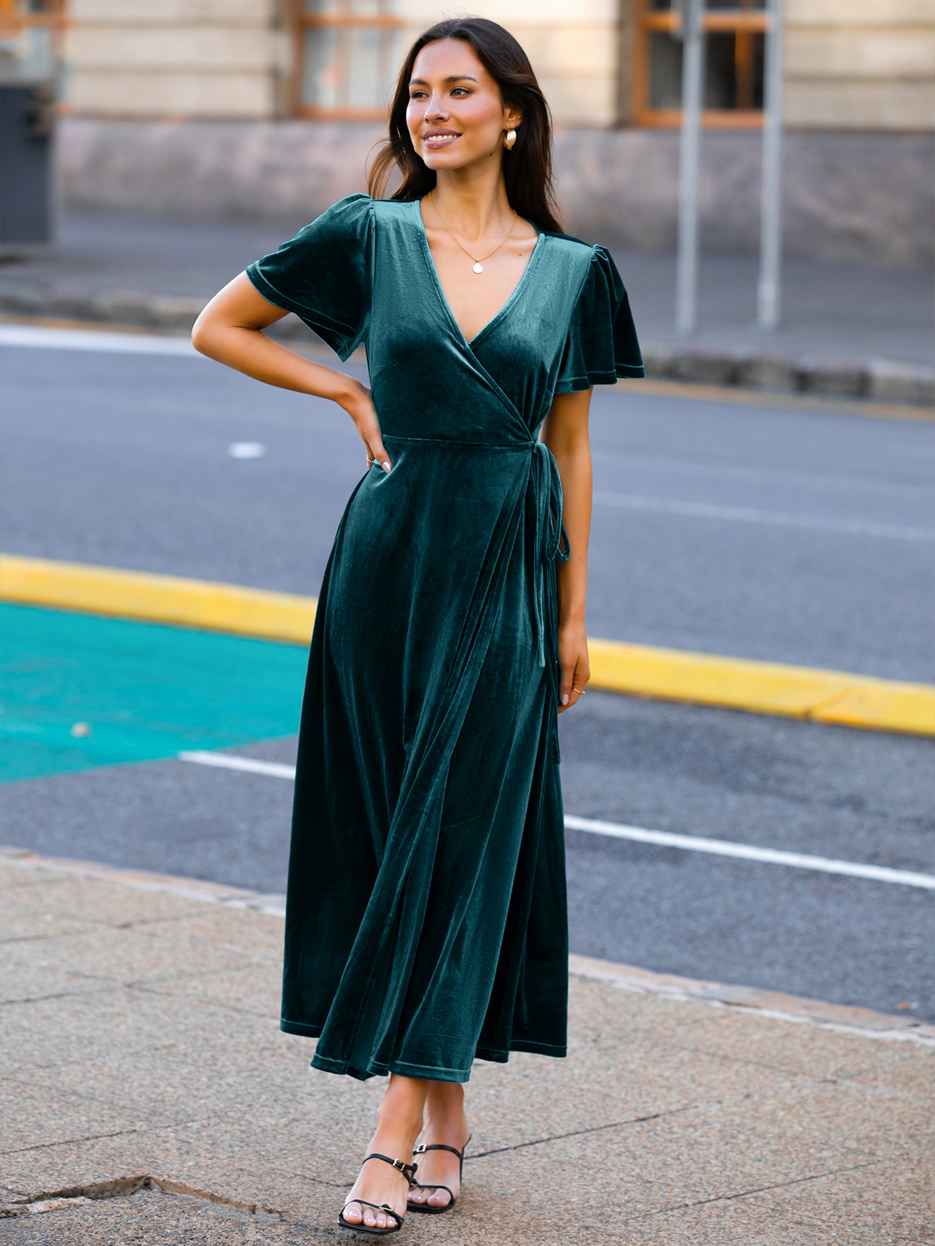 Velvet Wrap Dress V Neck Cocktail Maxi Dress