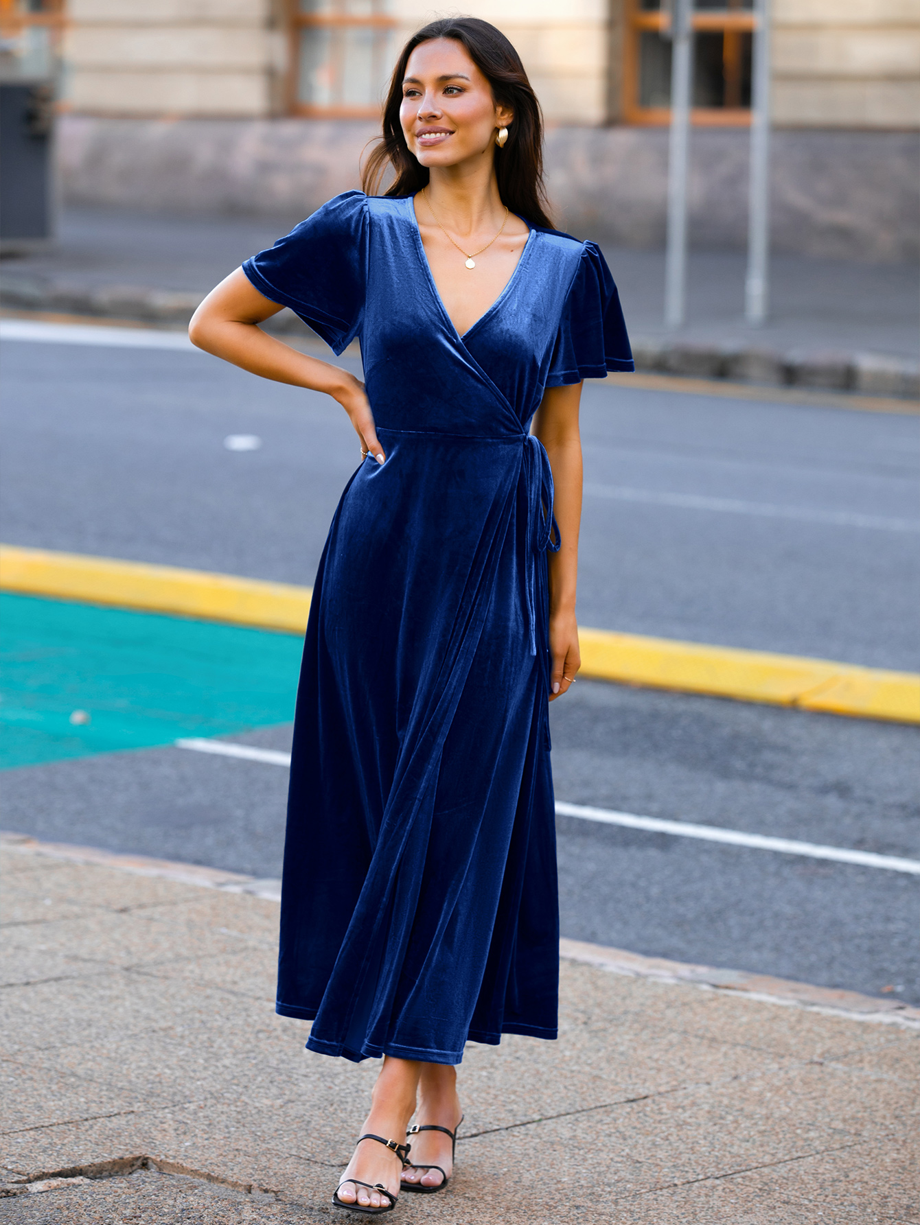 Velvet Wrap Dress V Neck Cocktail Maxi Dress