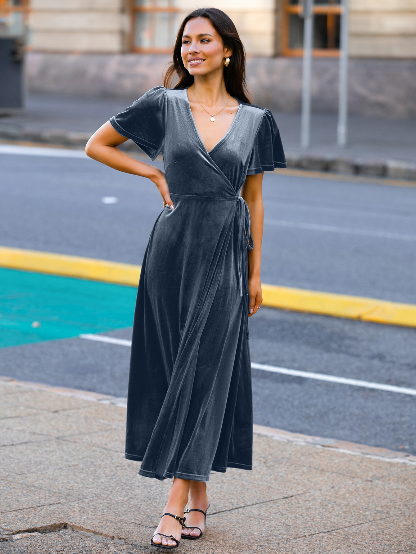 Velvet Wrap Dress V Neck Cocktail Maxi Dress