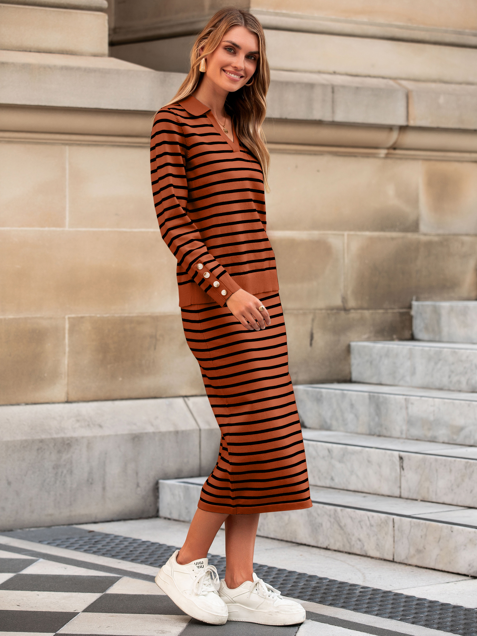 Striped Polo Neck Knitted Two Piece Skirt Sets